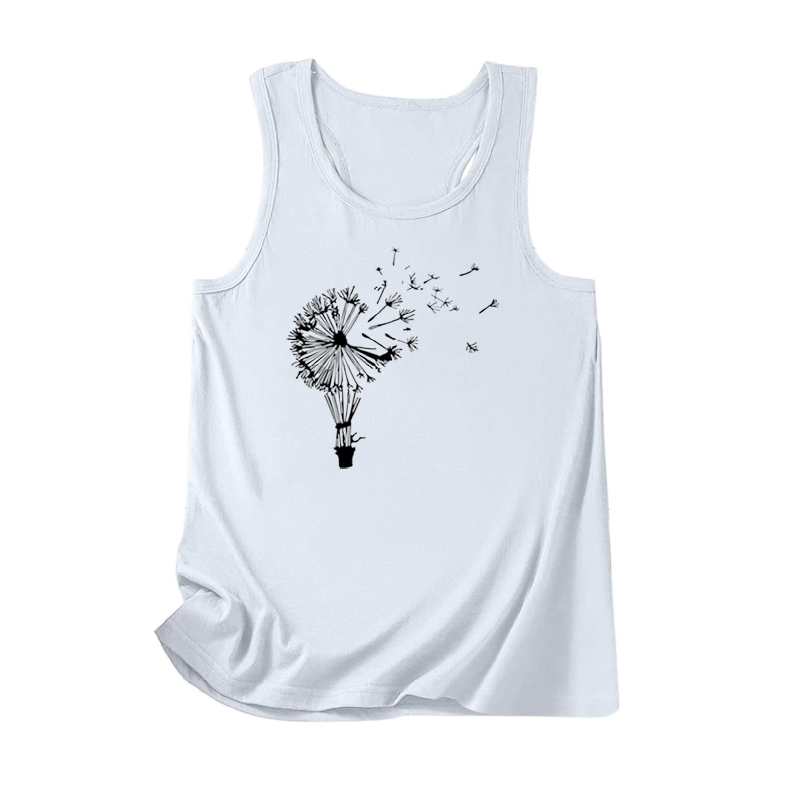 Women's Summer Sleeveless Dandelion Print Tank Top - Loose Fit Crewneck Casual Racerback Graphic Tee for Beach, Vacation & Everyday Wear