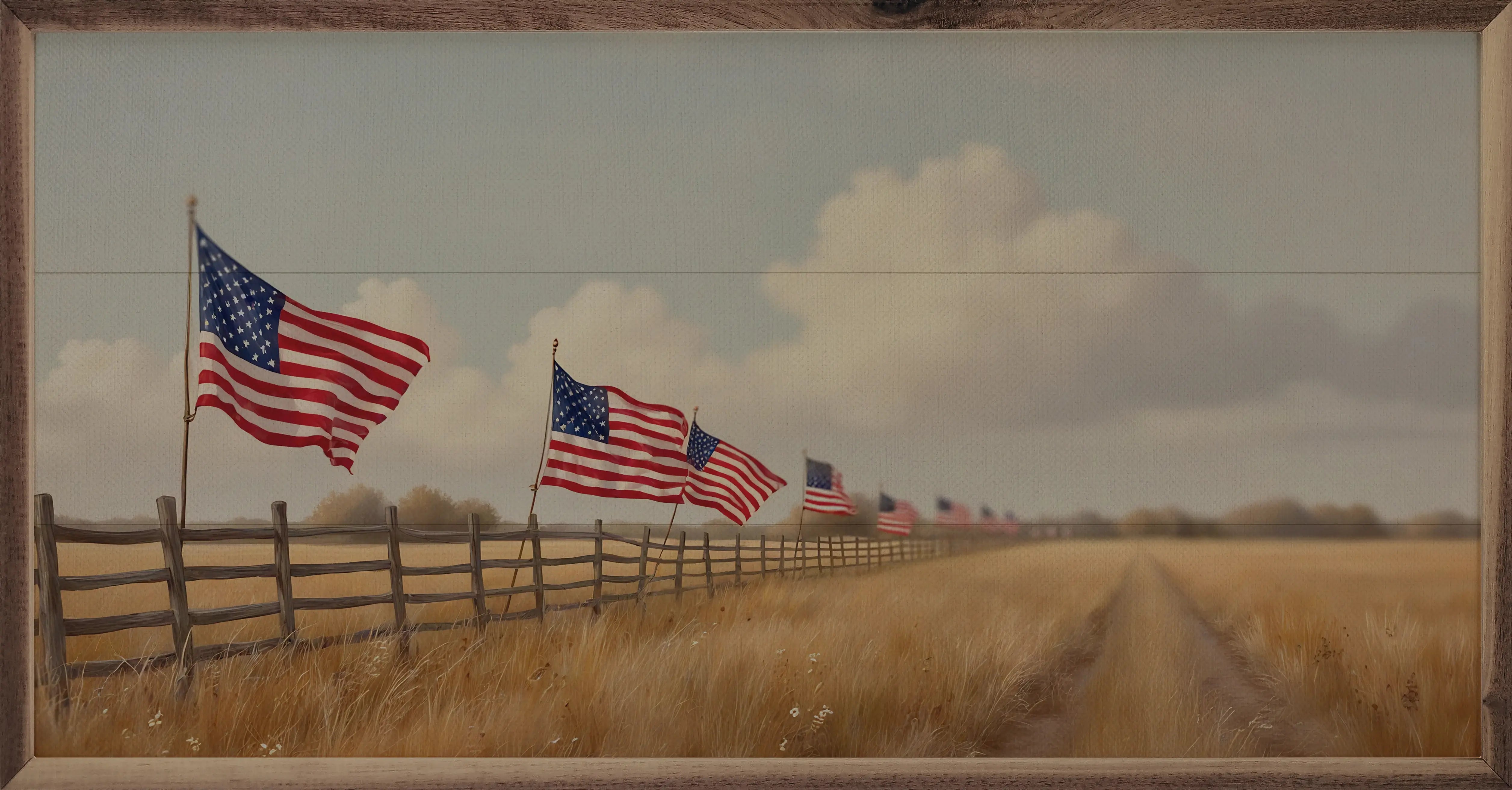 Flags On Fenceline Wood Framed Print - Rustic Farmhouse Wall Art Decor for Living Room, Bedroom & Office