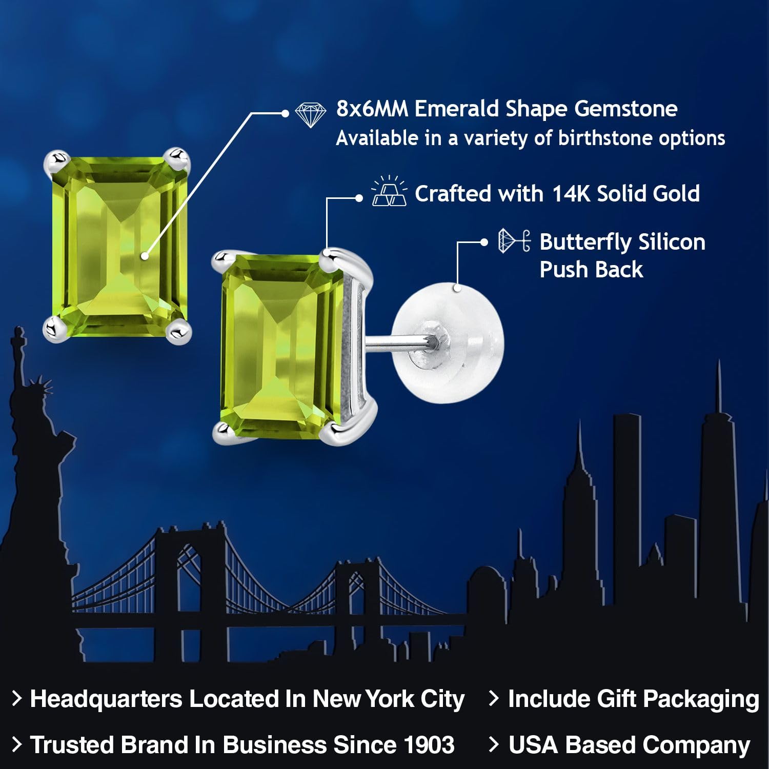 14K White Gold Emerald Cut 8x6mm Birthstone Stud Earrings for Women & Men | Gem Stone King | Perfect for Gifts, Anniversaries & Everyday Wear