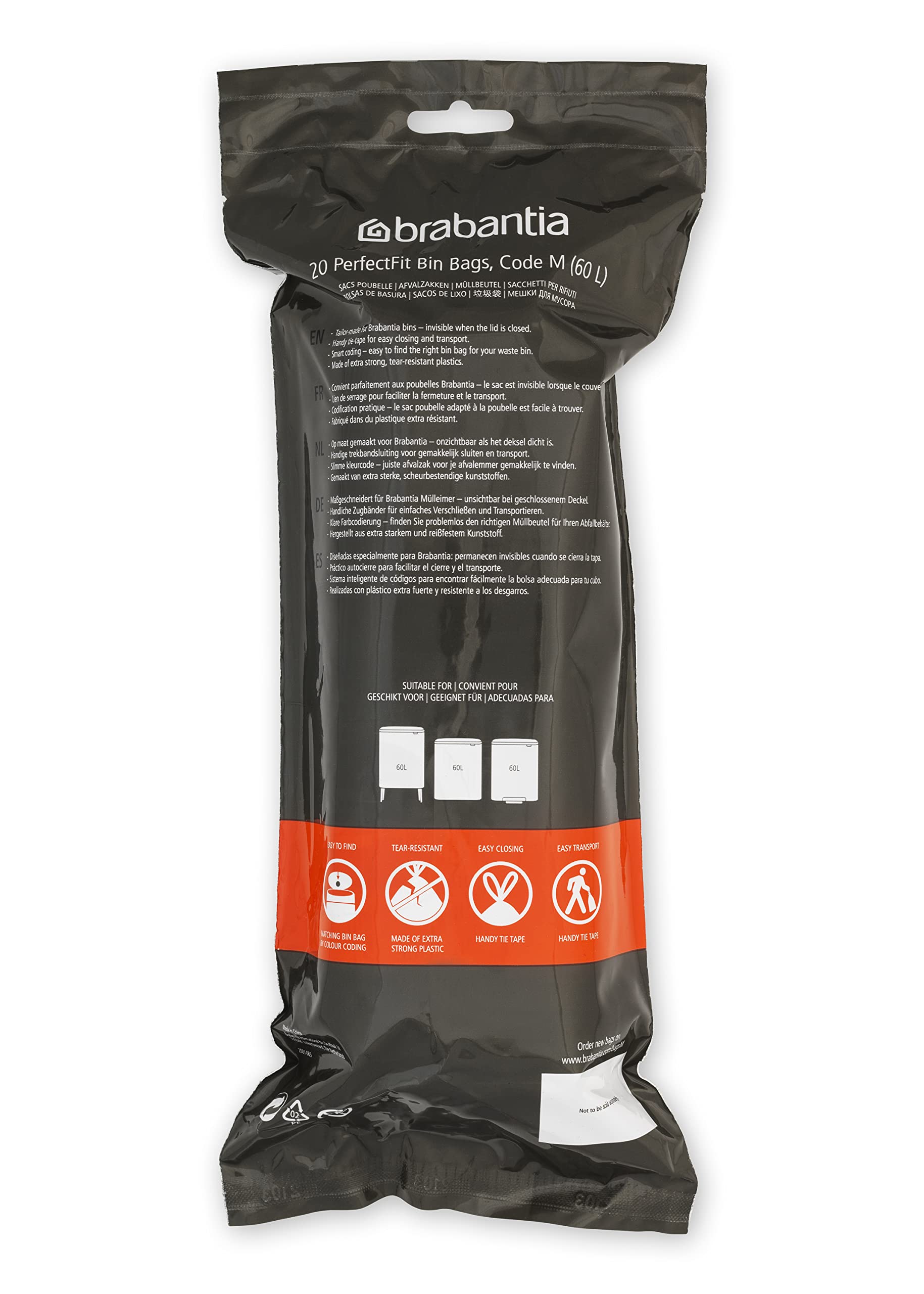 Brabantia PerfectFit Trash Bags - Medium 16 Gallon Heavy Duty Drawstring Trash Can Liners (120 Count) - Ideal for Kitchen, Bathroom & Office Waste Disposal