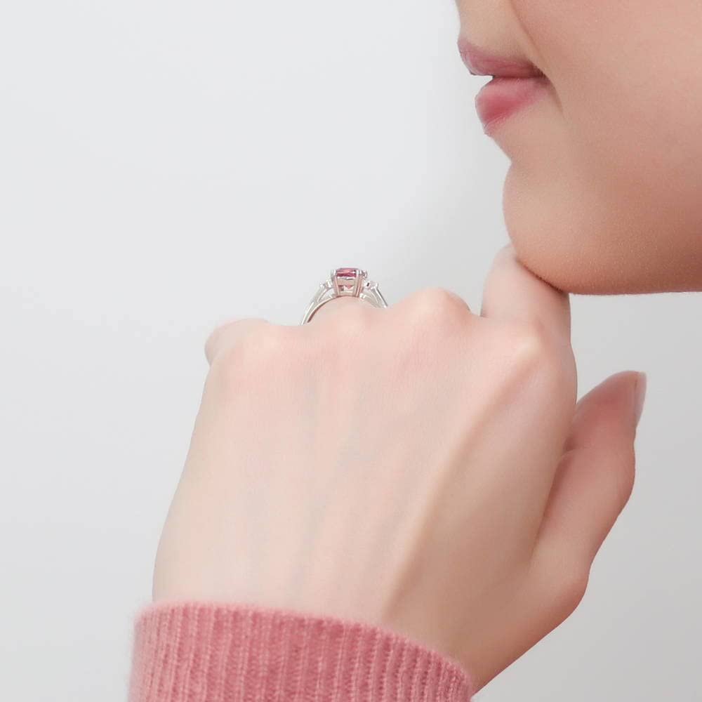 BERRICLE Sterling Silver 3-Stone Ring with Red Cushion Cut Cubic Zirconia | 1.25 Carat Women's Promise & Anniversary Ring | Rhodium Plated | Size 4-10 | Perfect for Valentine's Day, Engagement & Special Occasions