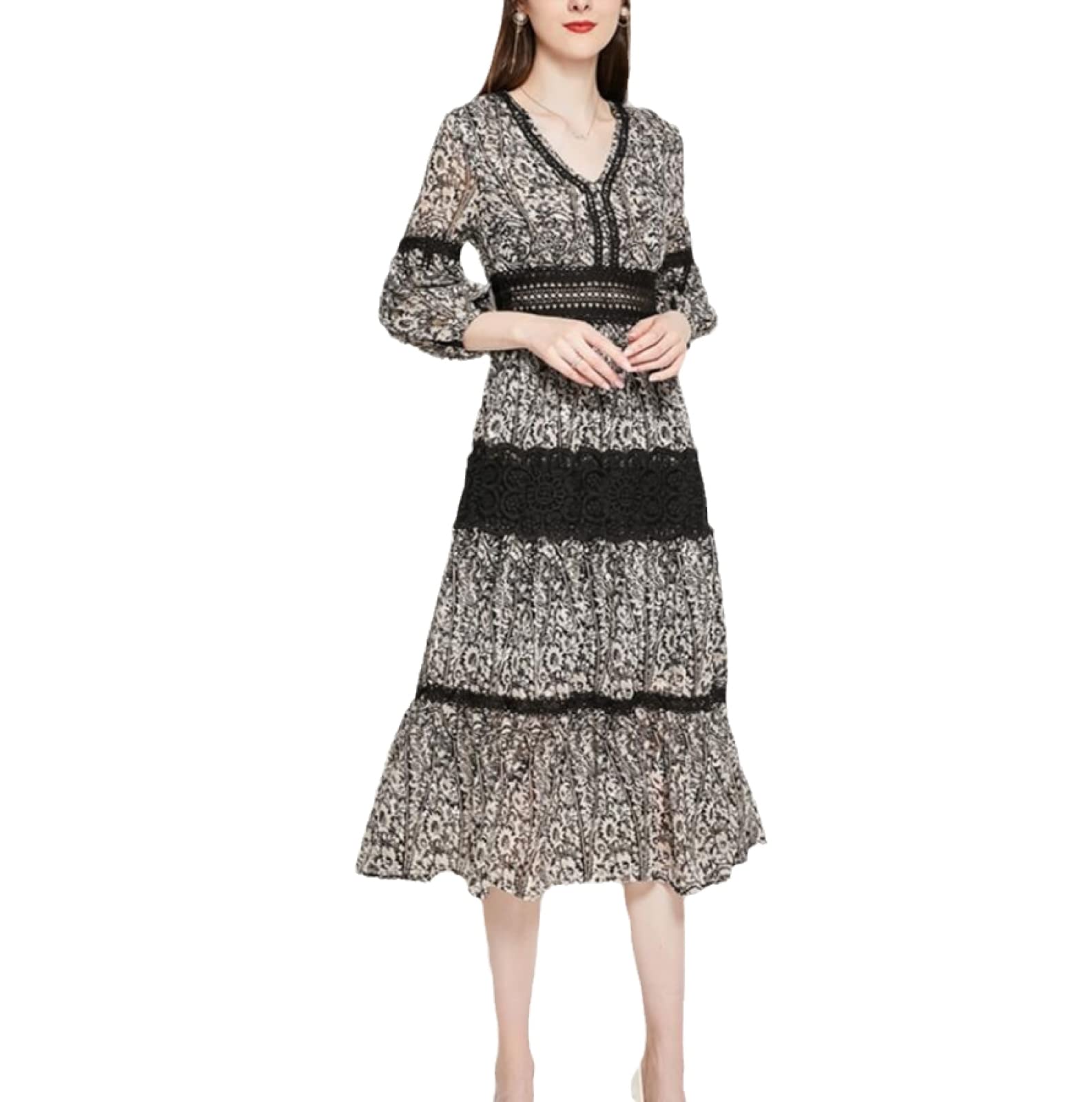Elegant Vintage Black Chiffon Lace Dress for Women - Slim Fit Printed Long Robe with Stitching Details | Perfect for Spring Summer Weddings, Parties & Special Occasions