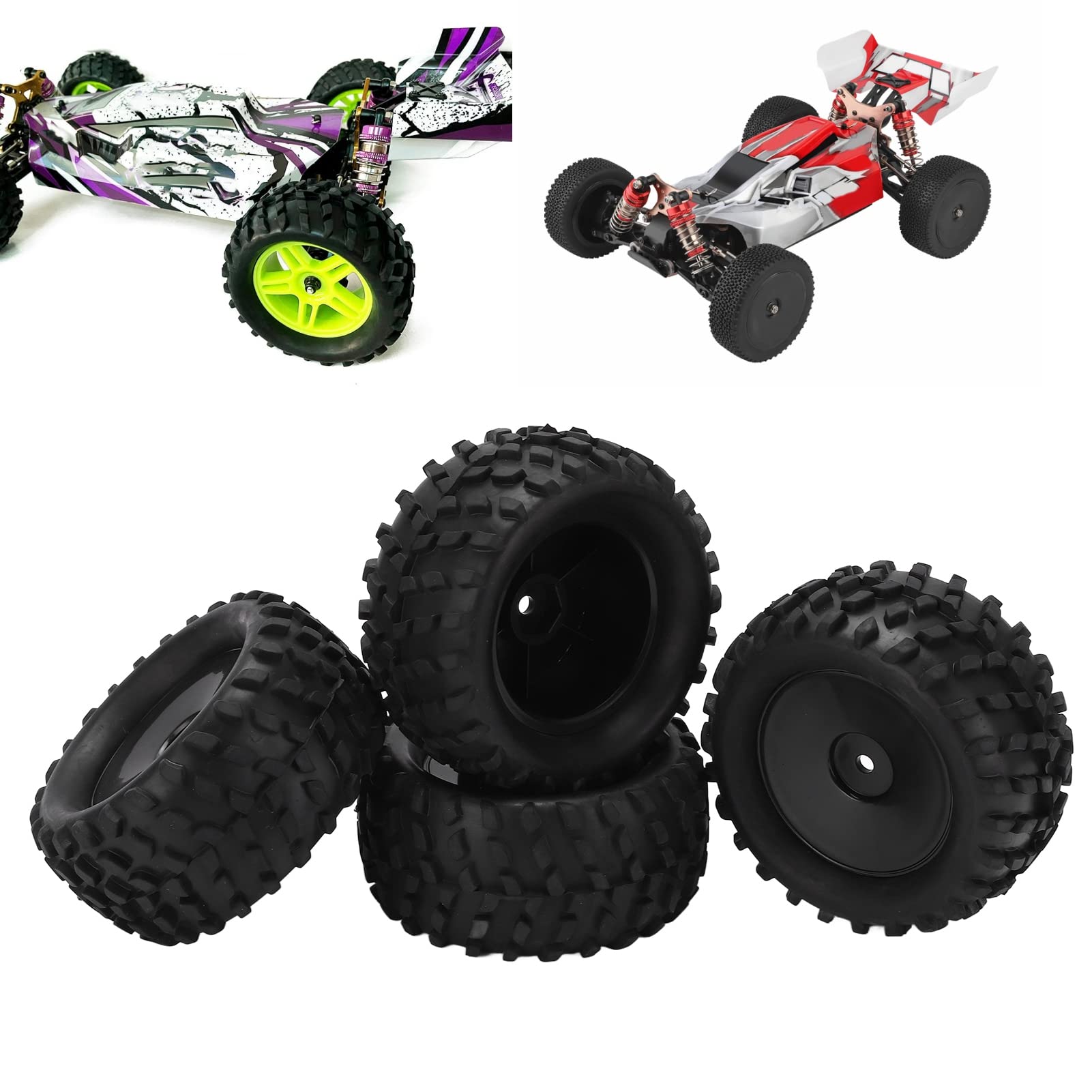 Alomejor 4pcs 82MM RC Rubber Tires & Wheel Rims Set for 144001 1/14 Scale Off-Road RC Cars - Durable Front/Rear Replacement Tires for Racing, Crawling & Off-Road Adventures