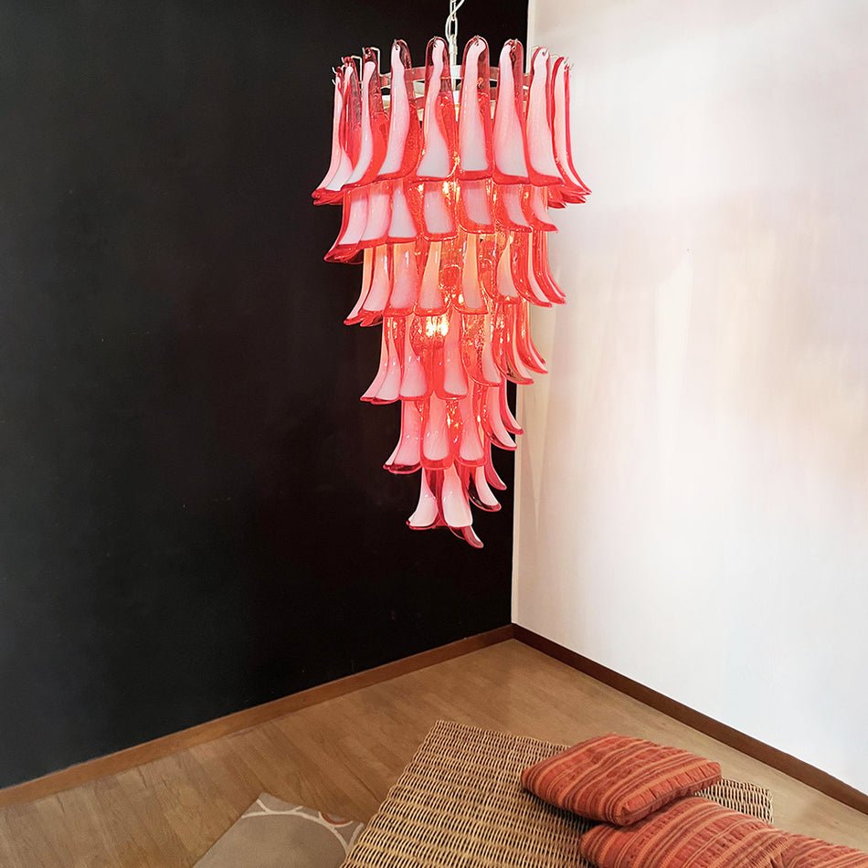 Murano Glass Red Petals Spiral Chandelier - Elegant Venetian Crystal Ceiling Light Fixture for Dining Room, Living Room & Bedroom Decor