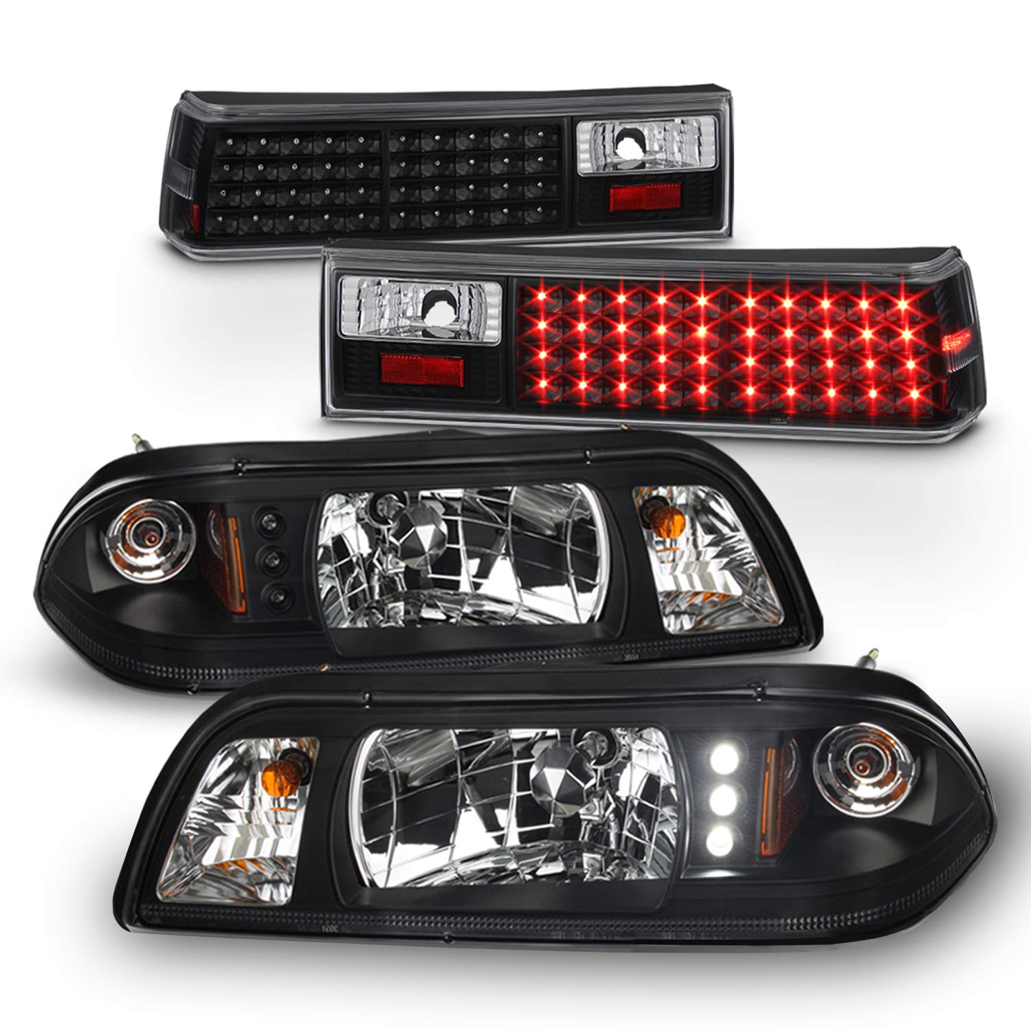 AKKON LED Headlight Kit for 1987-1993 Ford Mustang - Black Housing Headlights, Corner Lamps & Tail Lights Combo (6-in-1) | Upgrade Lighting for Night Driving & Car Shows