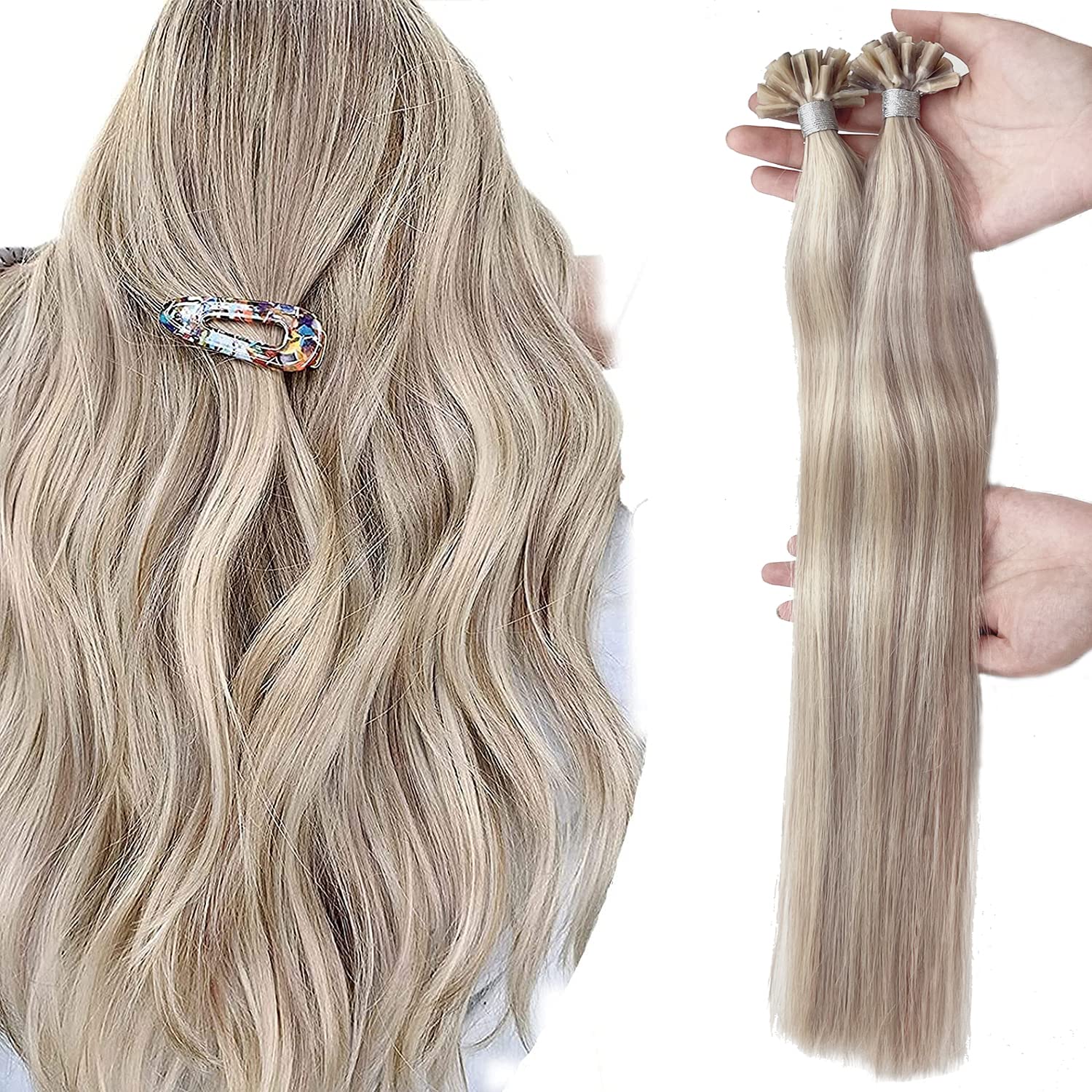 18 Inch U-Tip Hair Extensions - Pre-Bonded 100% Remy Human Hair - #18/613 Ash Blonde & Bleach Blonde Mix - Keratin Tip Fusion Extensions - 50g/50 Strands - Perfect for Daily Wear, Parties & Special Occasions