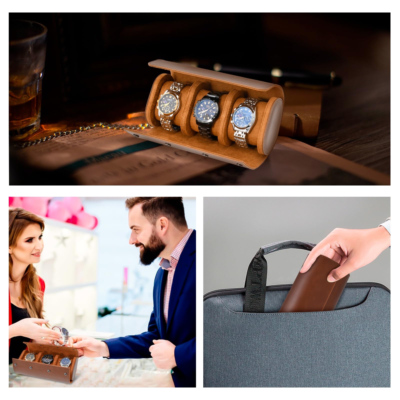 Premium ROSELLE Leather Watch Roll Travel Case - 3 Watch Storage Organizer for Men & Women with Removable Pillows & Solid Dividers - Secure Luxury Watch Display & Protection for Home, Travel & Office (Brown)