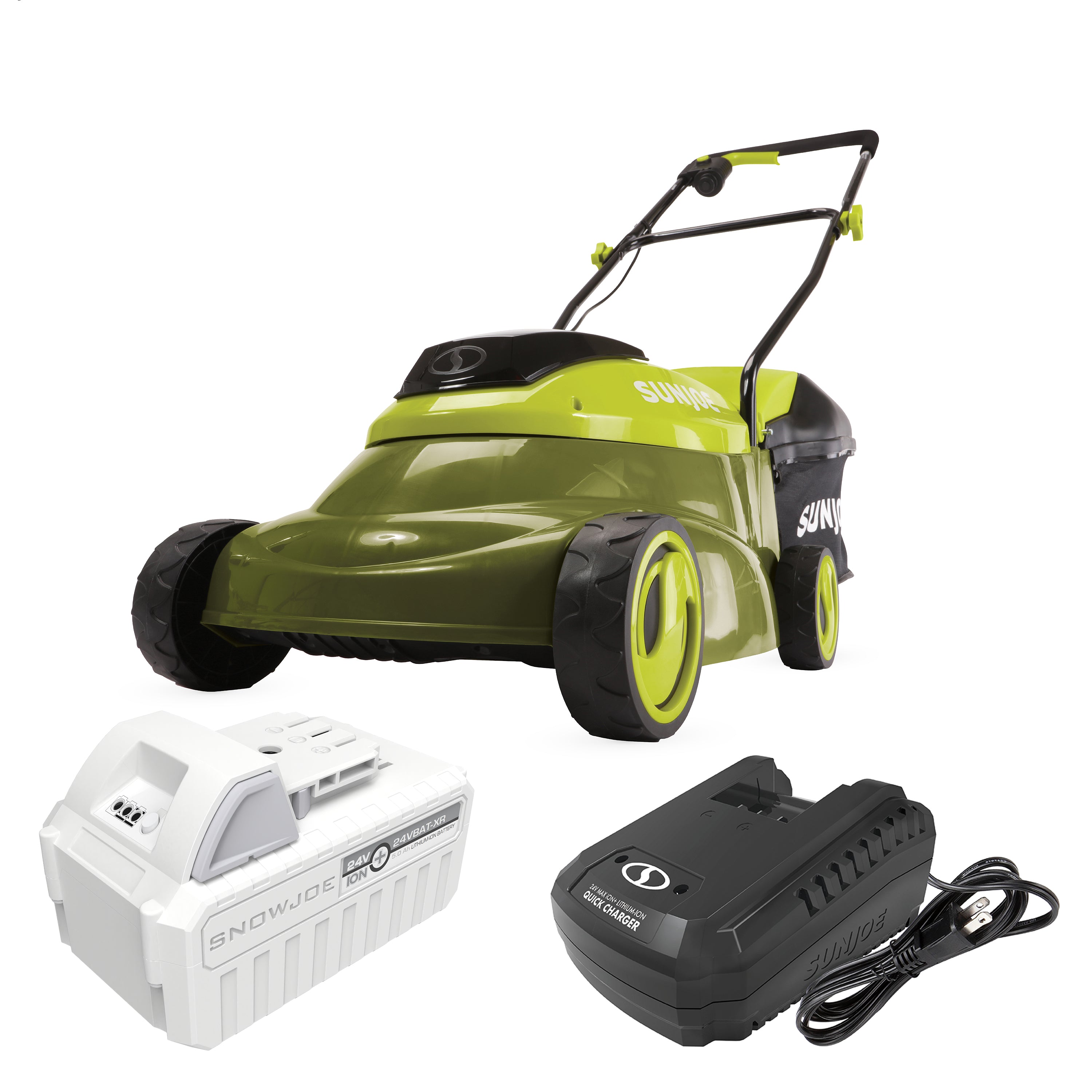 Sun Joe MJ24C 14 XR 24V Cordless Brushless Lawn Mower Kit with 5.0Ah Battery & Charger | 14 Inch Cutting Width | Lightweight & Quiet for Small to Medium Yards | Perfect for Home Lawn Care & Landscaping