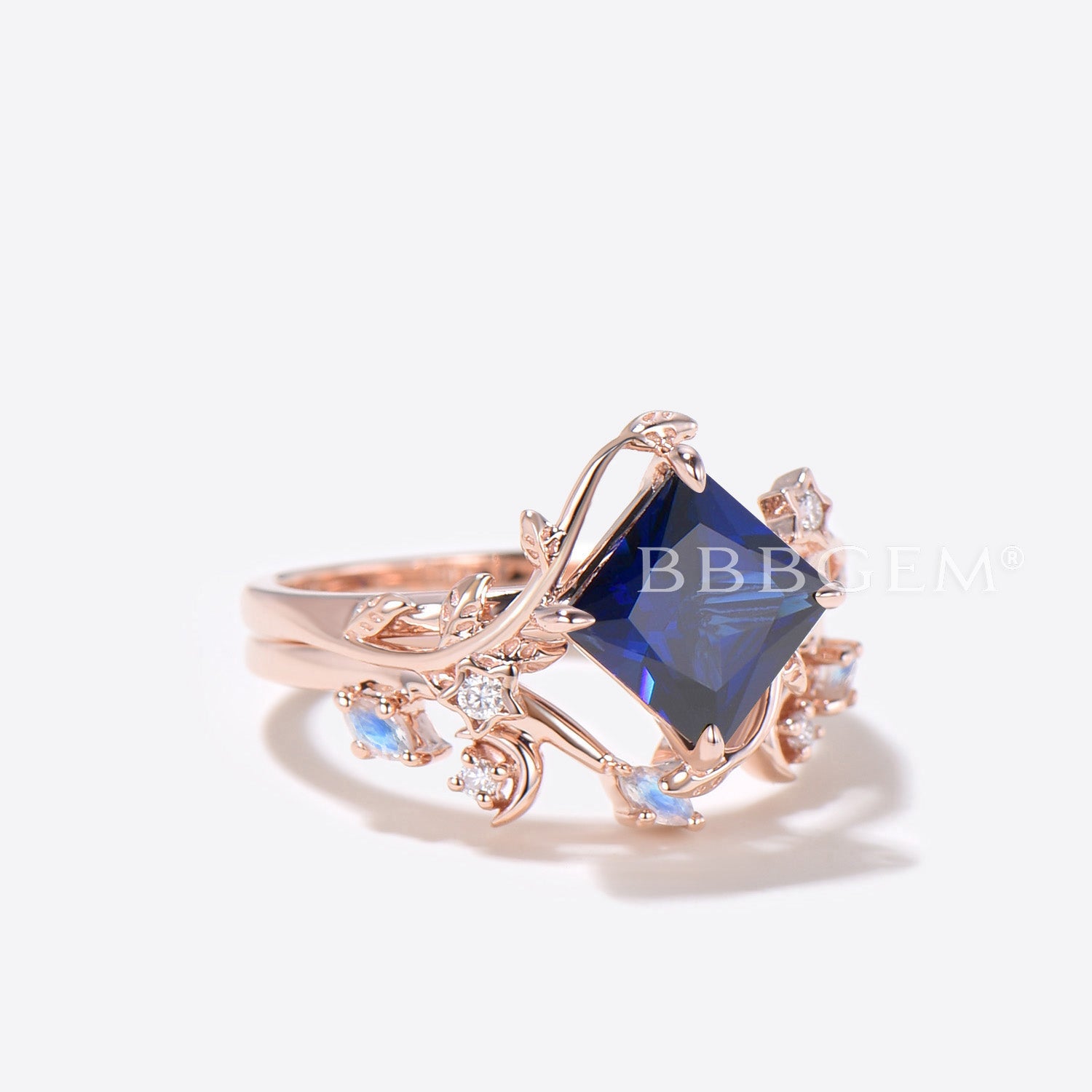 Princess Cut Blue Sapphire Engagement Ring - Moon Leaf Nature Inspired Wedding Band for Women - Perfect for Proposals, Anniversaries & Romantic Occasions