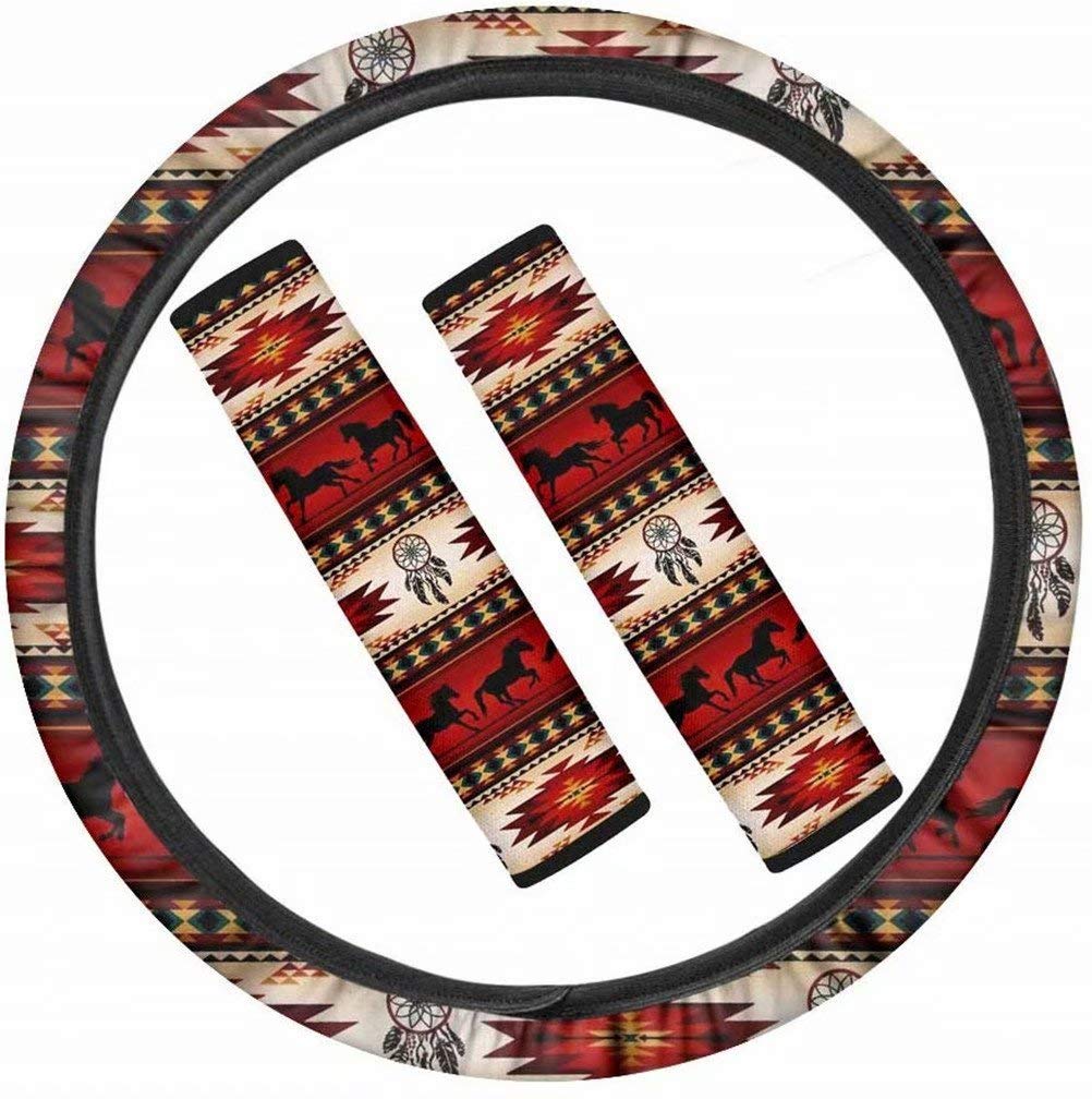 Aztec Bohemian Universal Steering Wheel Cover & African Tribal Print Shoulder Strap Pad Set - Stylish Car Accessories for Jeep, SUV, Truck | Perfect for Road Trips & Daily Commutes