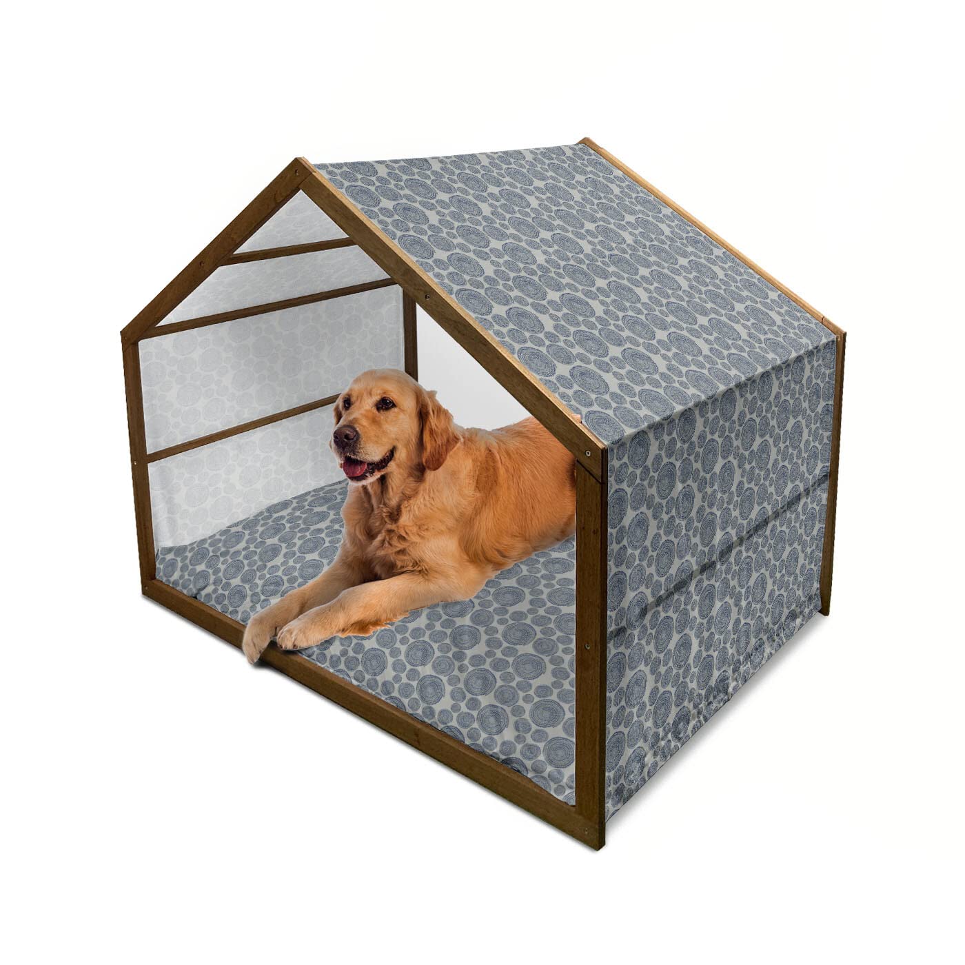 Ambesonne Grey Blue Wooden Dog House - Traditional Folklore Inspired Spiral Dots Design, Indoor & Outdoor Portable Pet Kennel with Removable Pillow & Waterproof Cover, 2X-Large Size for Large Dogs - Perfect for Backyard, Patio, or Camping Use