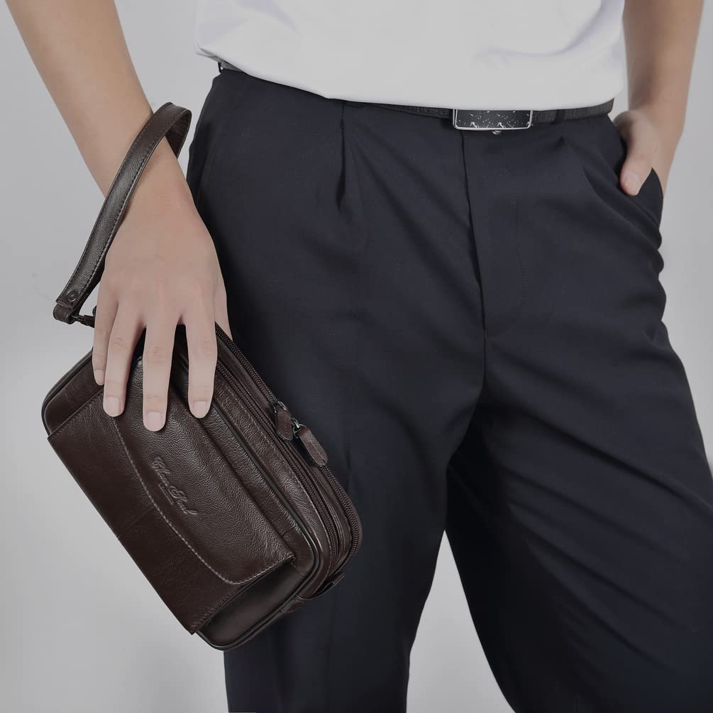 Genuine Leather Clutch Wallet for Men - Slim RFID Blocking Business Organizer with Phone Holder & Wrist Strap - Perfect for Office, Travel and Night Out Accessories