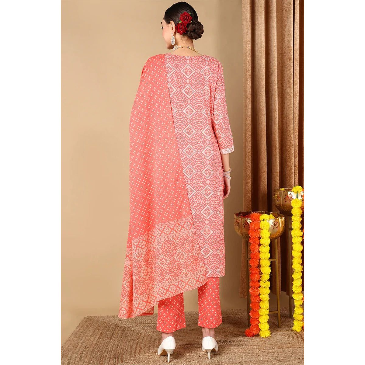 Peach Cotton Bandhani Printed Straight Suit Set for Women | Indian Ethnic Wear | Party & Wedding Outfit | Comfortable & Stylish