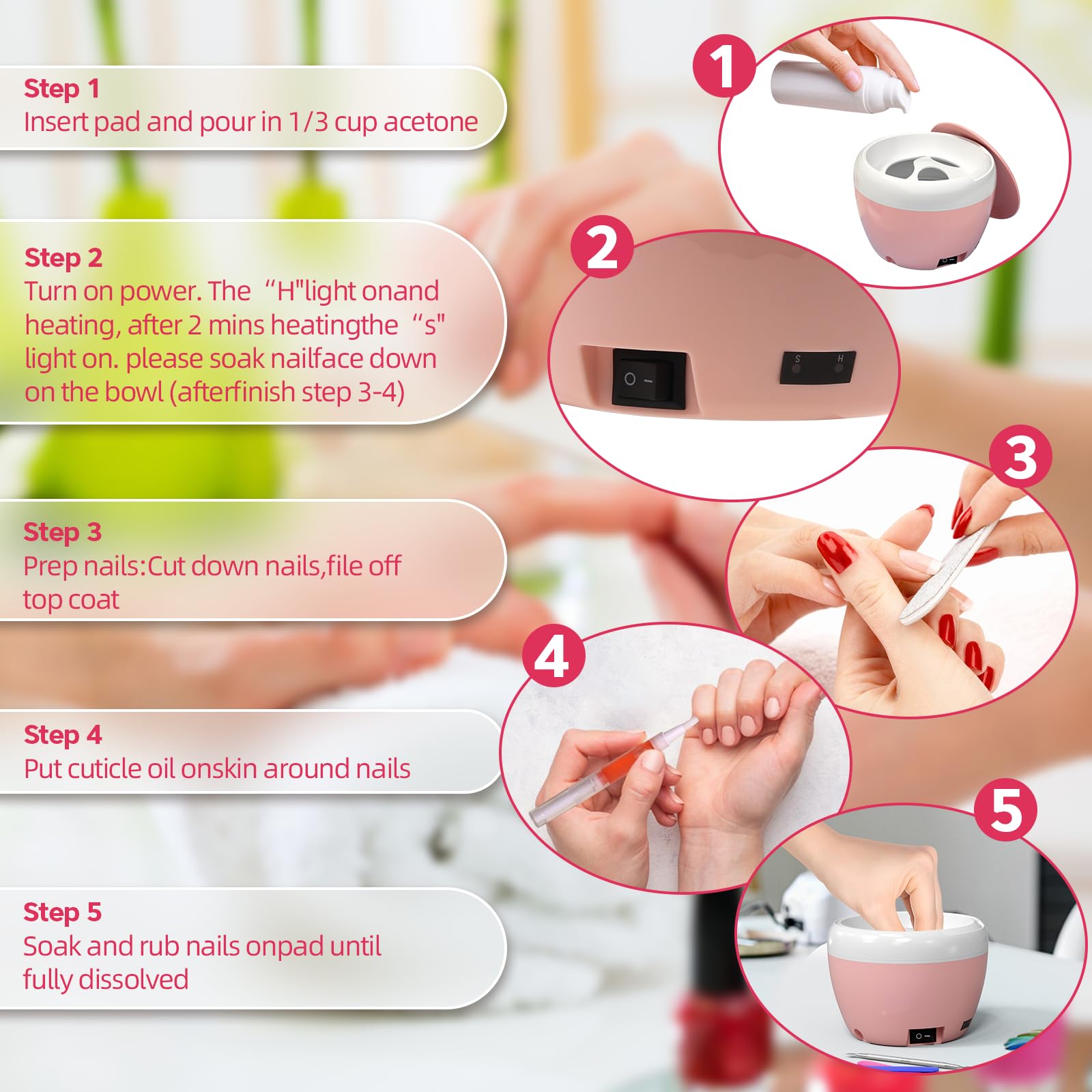 Electric Nail Soaking Bowl - Acetone Proof Heated Gel Polish Remover for Salon & Home Use | 50% Faster Acrylic Nail Removal Kit with Power Dip Technology | Perfect for Manicures, Pedicures & DIY Nail Care