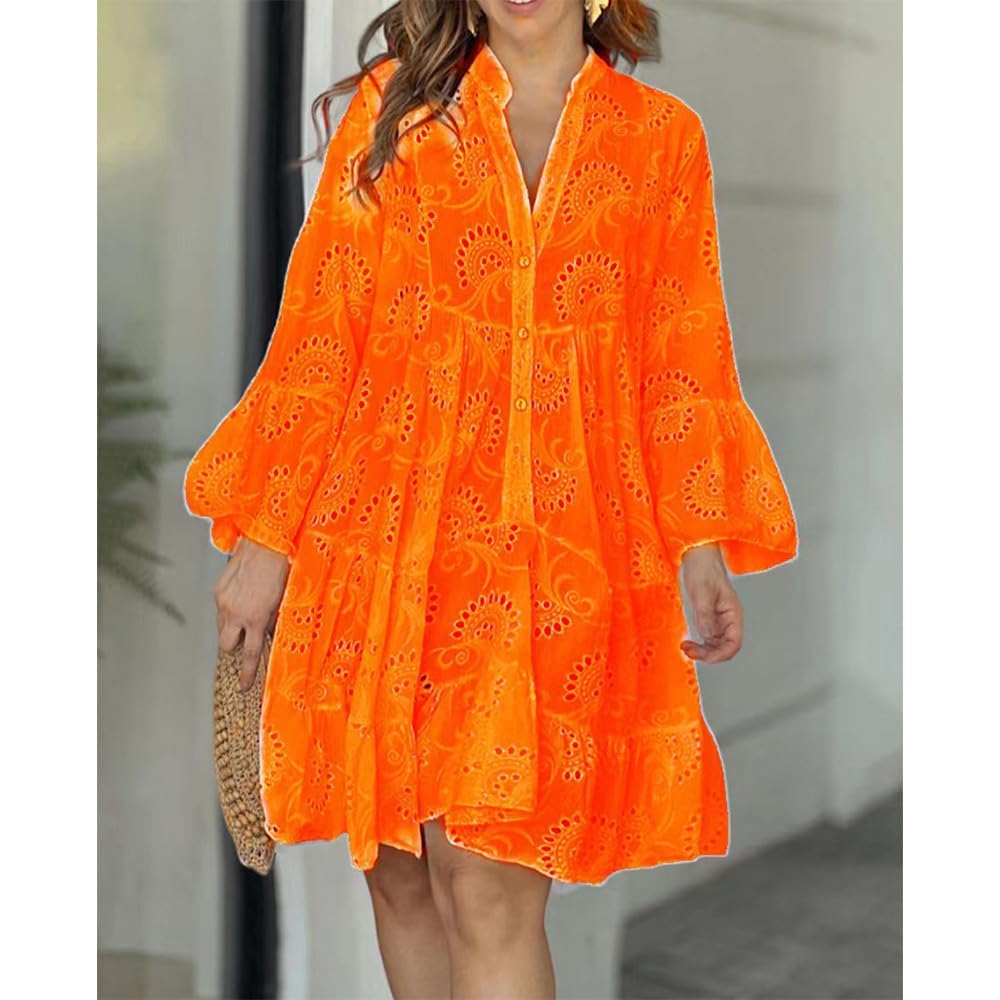 Elegant White Floral Lace Boho Dress for Women - Hollow Out Long Sleeve V-Neck Button Down Midi Dress - Perfect for Summer Weddings, Beach Vacations & Boho Chic Outfits