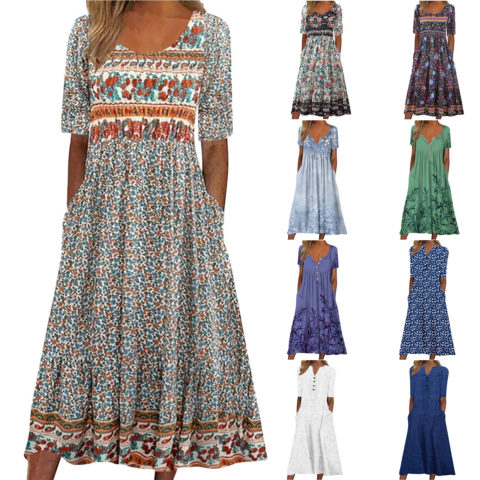 2024 Women's Casual Summer Plus Size Midi Dress - Boho Floral T-Shirt Dress with Pockets | Loose Flowy Comfort for Beach, Vacation & Everyday Wear