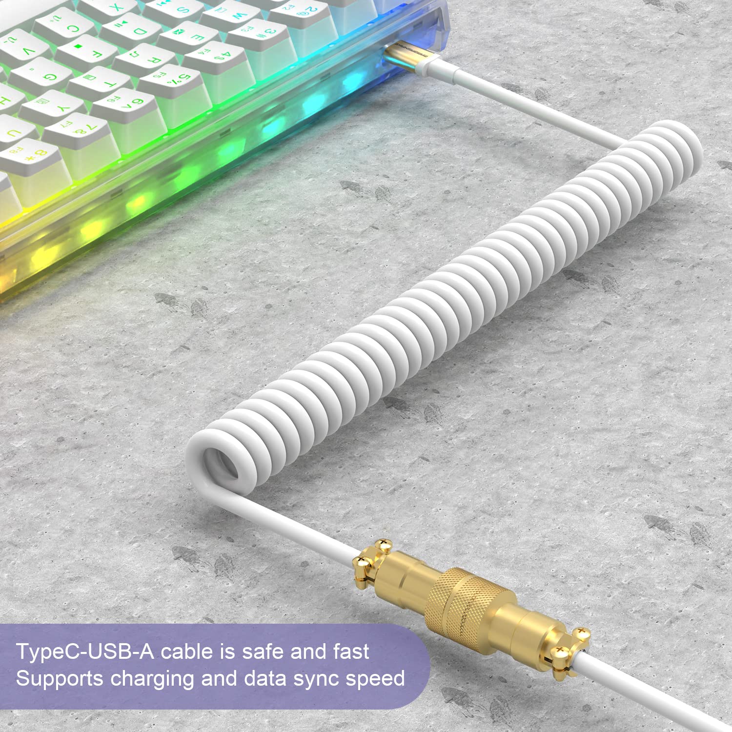 XINMENG C02 Coiled USB-C Keyboard Cable - Detachable Aviator Connector for Gaming Keyboard & Laptop (White)