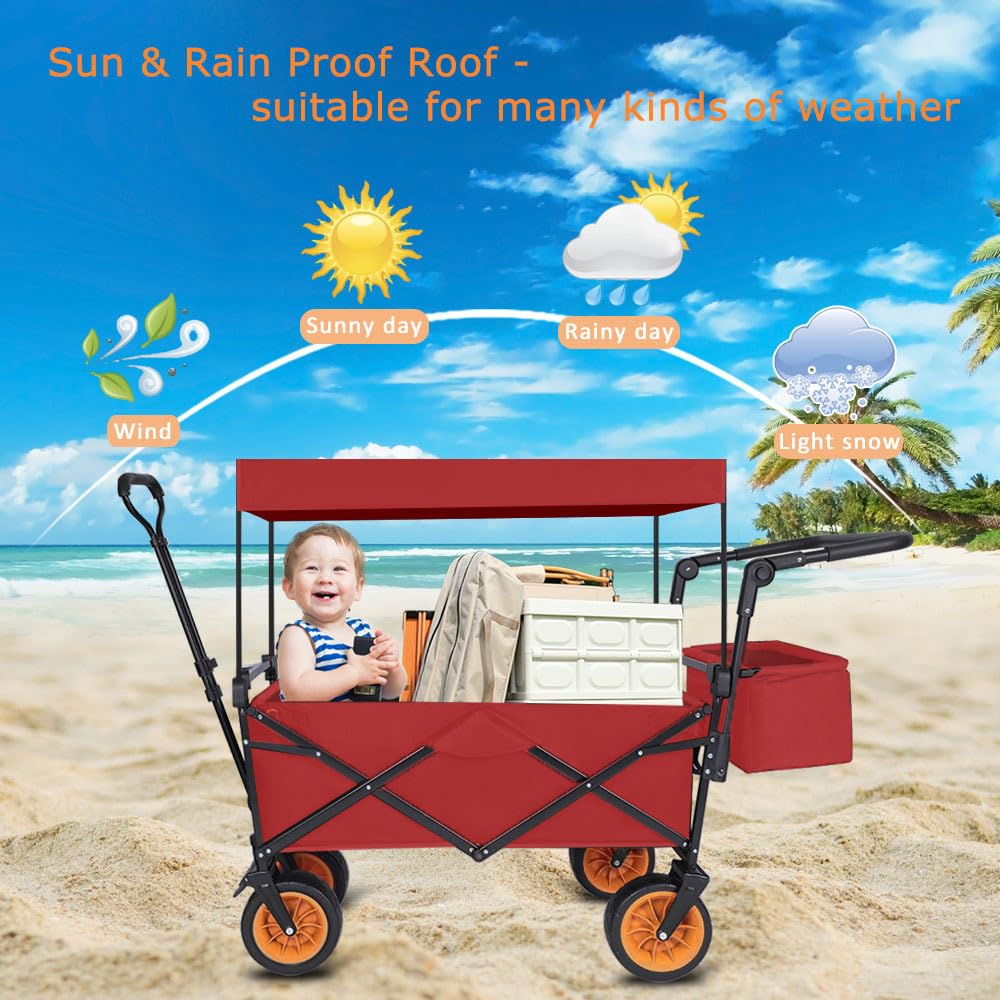 Best Kids Wagon Stroller with Canopy & Seat Belt - Foldable Push Cart with Adjustable Handle & Wheel Locks for Toddlers - Perfect for Beach, Picnic, Camping & Outdoor Adventures (Red)
