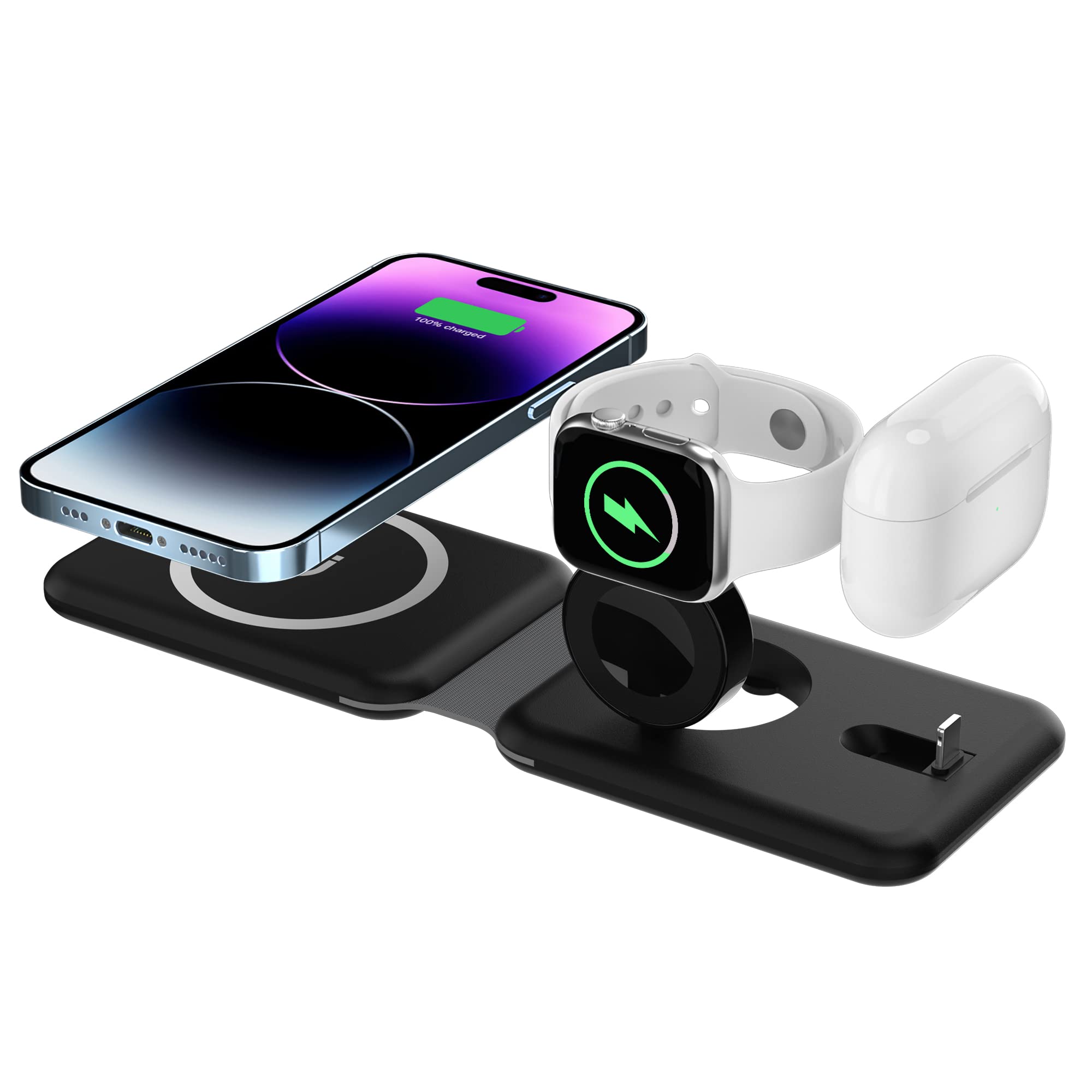 3-in-1 Foldable Magnetic Wireless Charger Stand | Fast Charging Pad for iPhone 14/13/12 Series, Apple Watch & AirPods Pro | Portable Charging Station for Home, Office & Travel