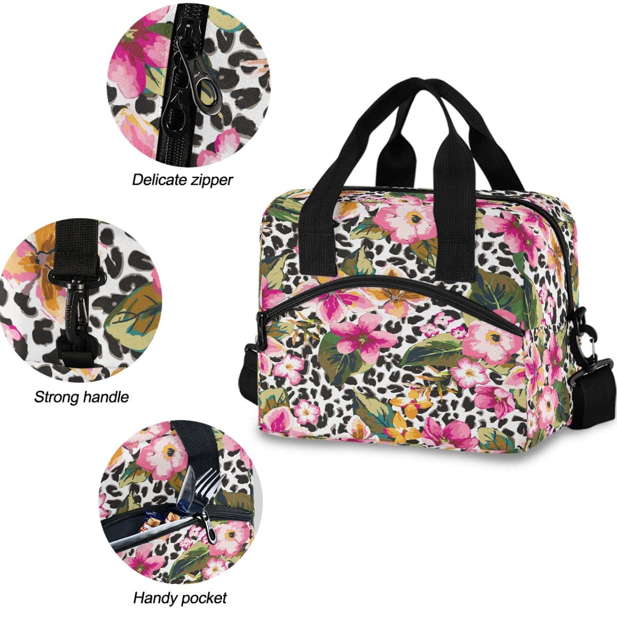 Insulated Lunch Bag with Tropical Flower & Leopard Print - Reusable Leakproof Cooler Tote for Women & Men - Perfect for Work, School, Picnics & Outdoor Activities