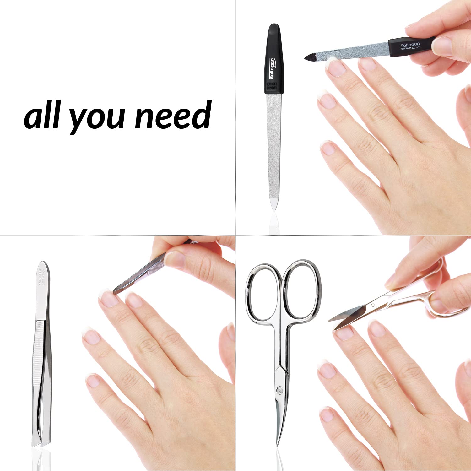 Premium Travel Manicure Kit for Women & Men - 3-Piece German Stainless Steel Grooming Set (Nail Scissors, Tweezers, Nail File) from Solingen - Compact Portable Nail Care Essentials for Home, Office, Travel & Gifts - Made in Europe (Black)