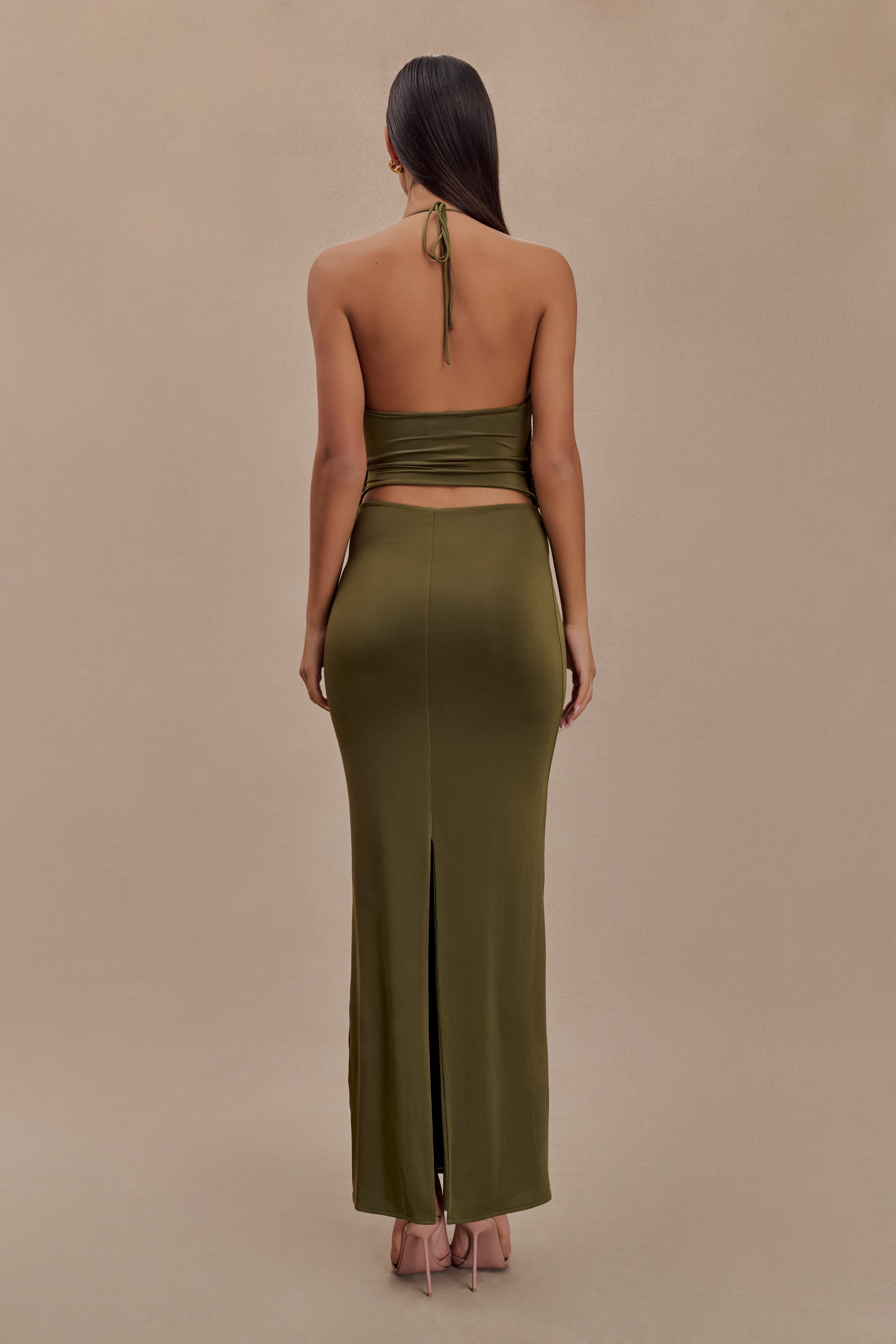 Stylish Tyla Draped Slinky Halter Maxi Dress in Dark Olive - Perfect for Evening Parties, Beach Vacations & Summer Weddings
