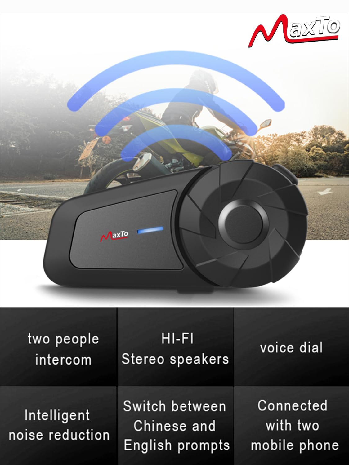 Maxto MX1 Motorcycle Bluetooth Headset - 2 Pack Universal Intercom System for Riders | 800M Range, HiFi Stereo Sound, IPX6 Waterproof, Call & Music Control | Perfect for Motorcycle Helmets, Group Riding & Adventure Tours