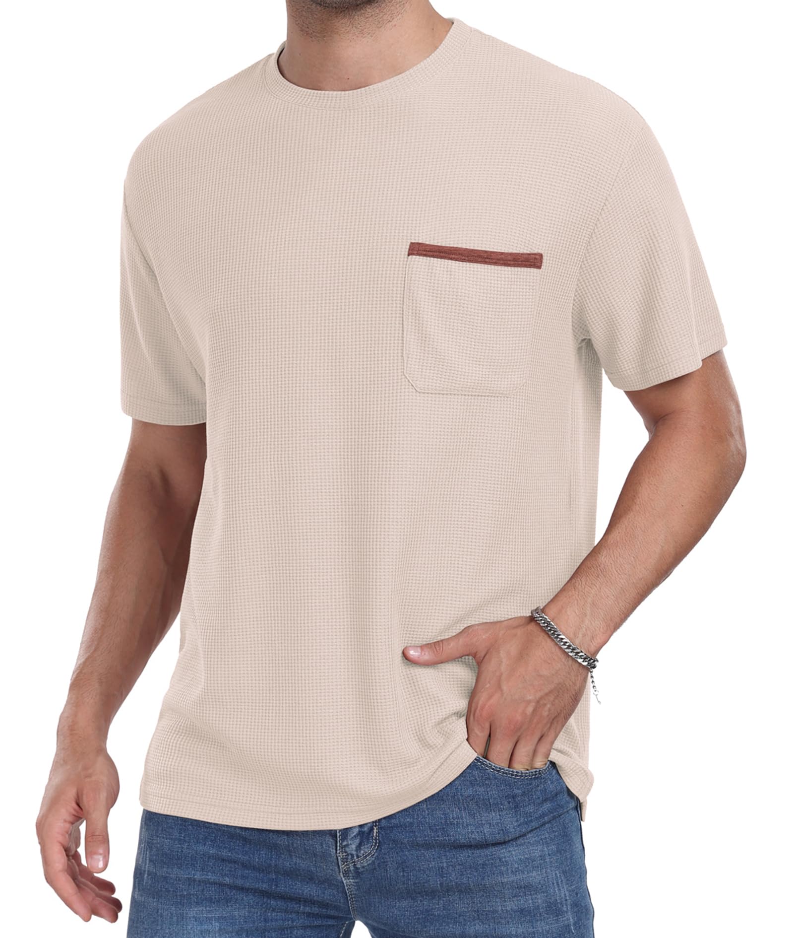 Men's Casual Short Sleeve Crew Neck T-Shirt - Soft Summer Tee with Waffle Texture & Pocket - Perfect for Beach, Travel & Everyday Wear