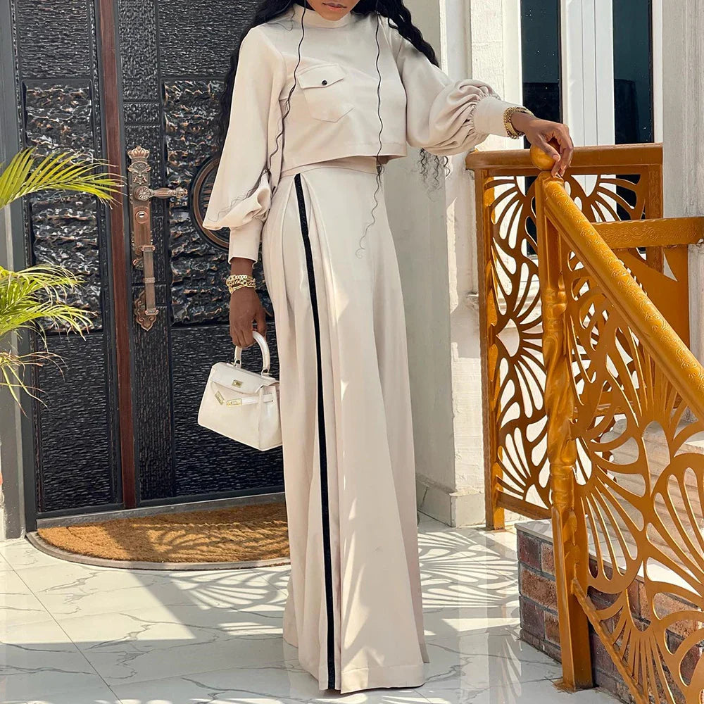 Women's Plus Size Loose Elegant Half High Neck Long Sleeve Top & Wide Leg Pants Casual Two Piece Set - Perfect for Autumn Outfits, Office Wear & Weekend Brunch