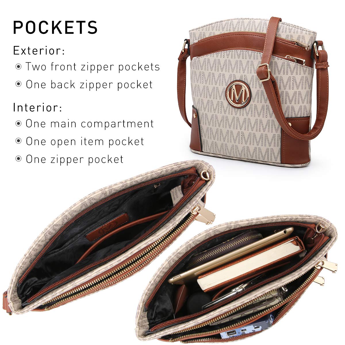 Women's Vegan Leather Crossbody Bag with Multiple Zipper Pockets - Stylish Monogram Shoulder Purse for Travel, Shopping & Everyday Use