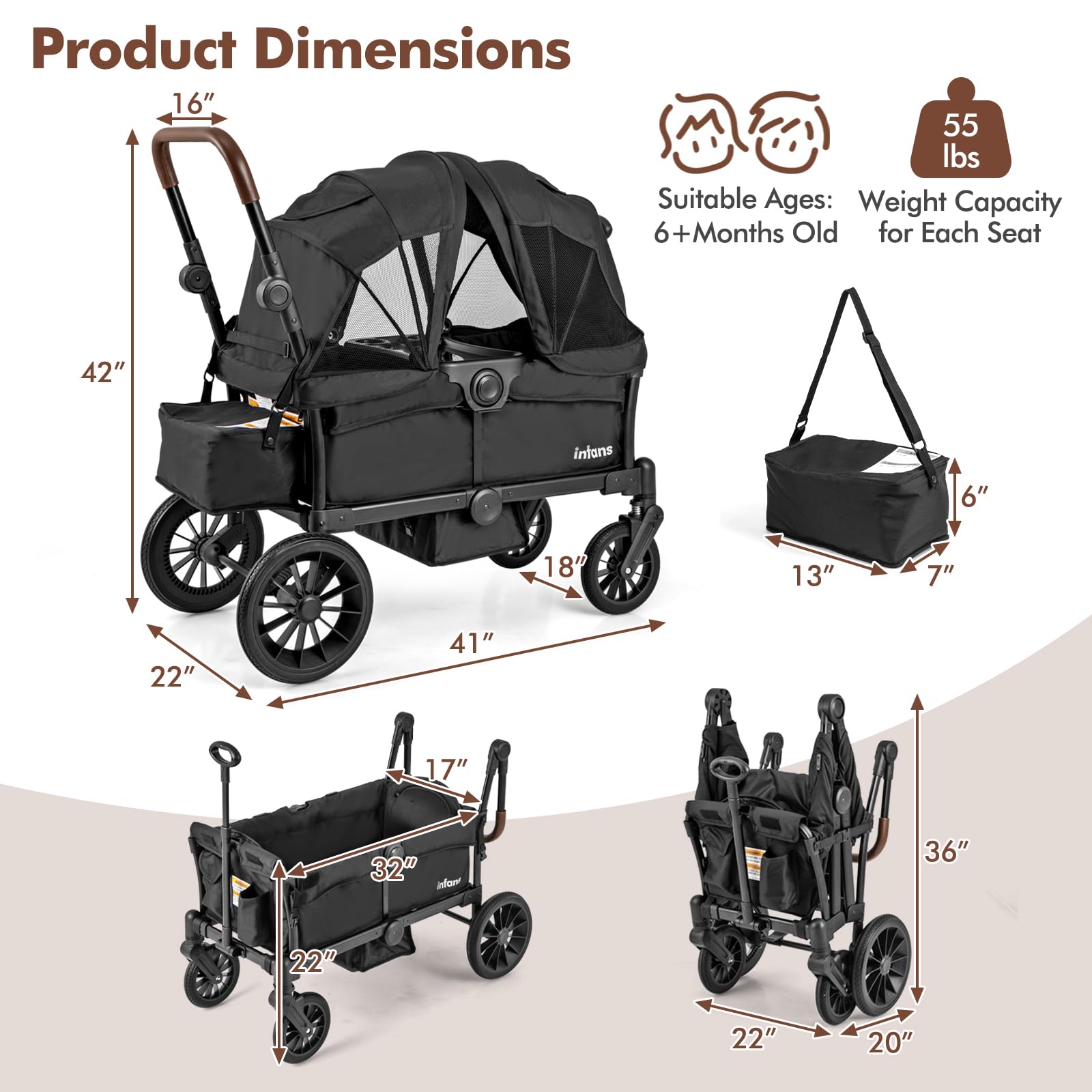 INFANS 2-in-1 Collapsible Stroller Wagon for Kids - Adjustable Push/Pull Handle, Removable Canopy & Snack Tray, Comfortable Upholstered Seats with Drop-Down Footwell - Perfect for Family Outings, Beach Trips and Park Adventures