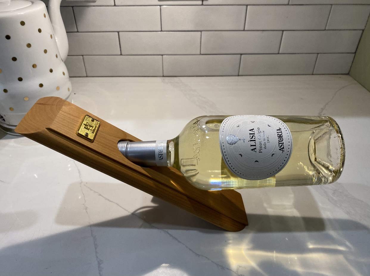 Premium Wood Self-Balancing Wine Bottle Holder with Brass Opener - Free Standing Countertop Decor for Kitchen, Bar & Living Room - Handcrafted in USA | Perfect for Wine Storage, Entertaining & Home Decor
