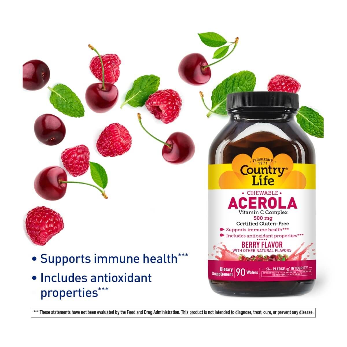 Country Life Chewable Acerola 500mg Vitamin C - 90 Natural Berry Flavor Wafers for Immune Support & Antioxidant Boost - Perfect for Travel, Work & Daily Wellness