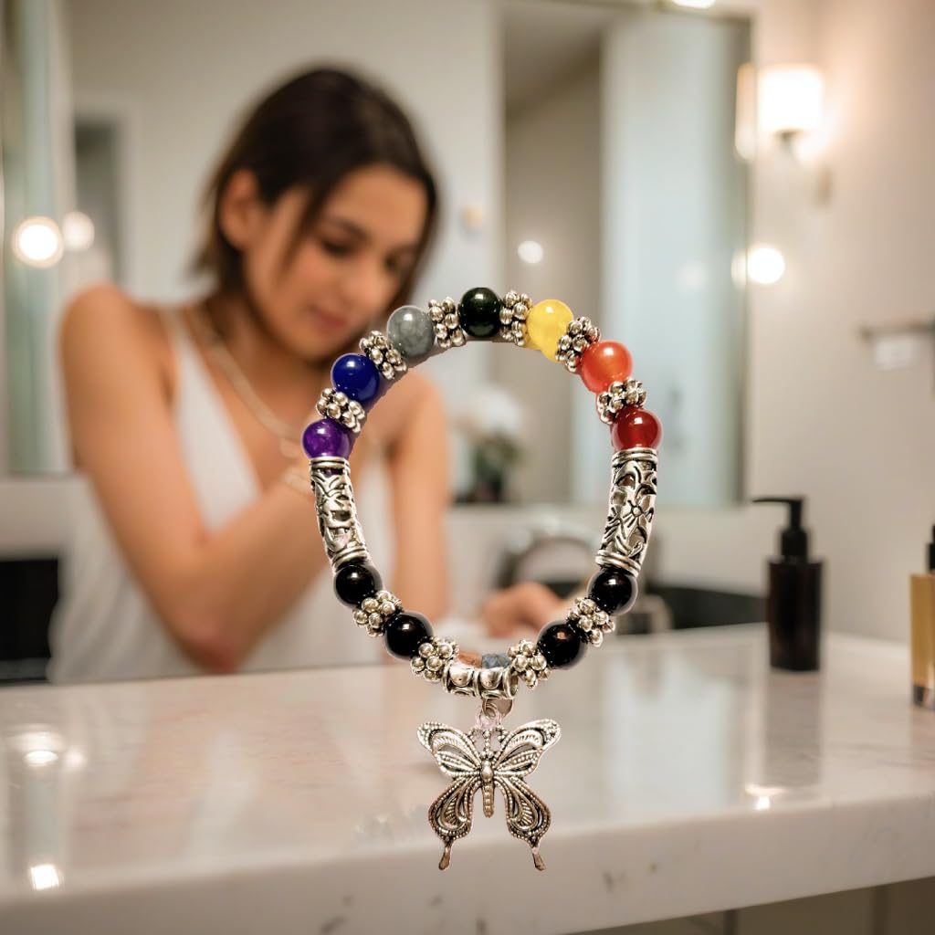 Seven Chakra Healing Agate Stone Beads Bracelet with Butterfly Charm - Spiritual Holistic Gemstone Jewelry for Women | Meditation, Yoga, Energy Balancing & Positive Vibes