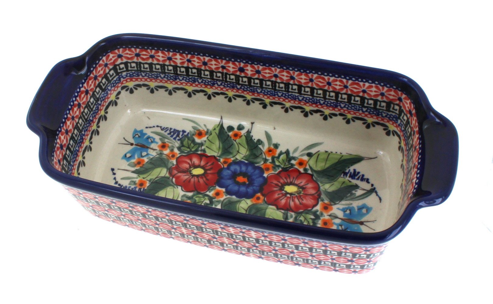 Handmade Blue Rose Polish Pottery Loaf Pan with Floral Butterfly Design - Perfect for Baking Bread, Cakes & Pastries | Rustic Farmhouse Kitchen Decor Gift