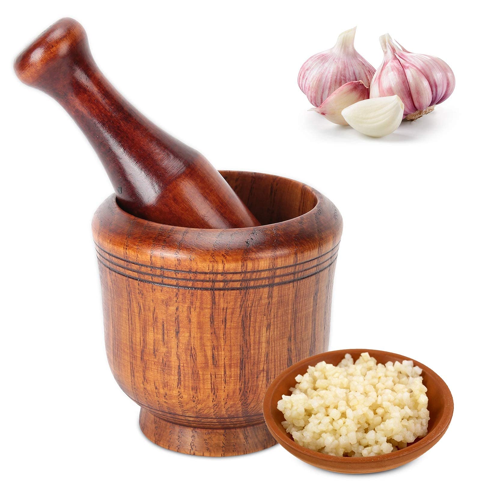 Premium Wooden Mortar and Pestle Set - Handcrafted Garlic Masher & Spice Grinder for Kitchen - Perfect for Crushing Garlic, Ginger, Herbs & Spices - Ideal for Cooking, Baking & Making Fresh Pesto