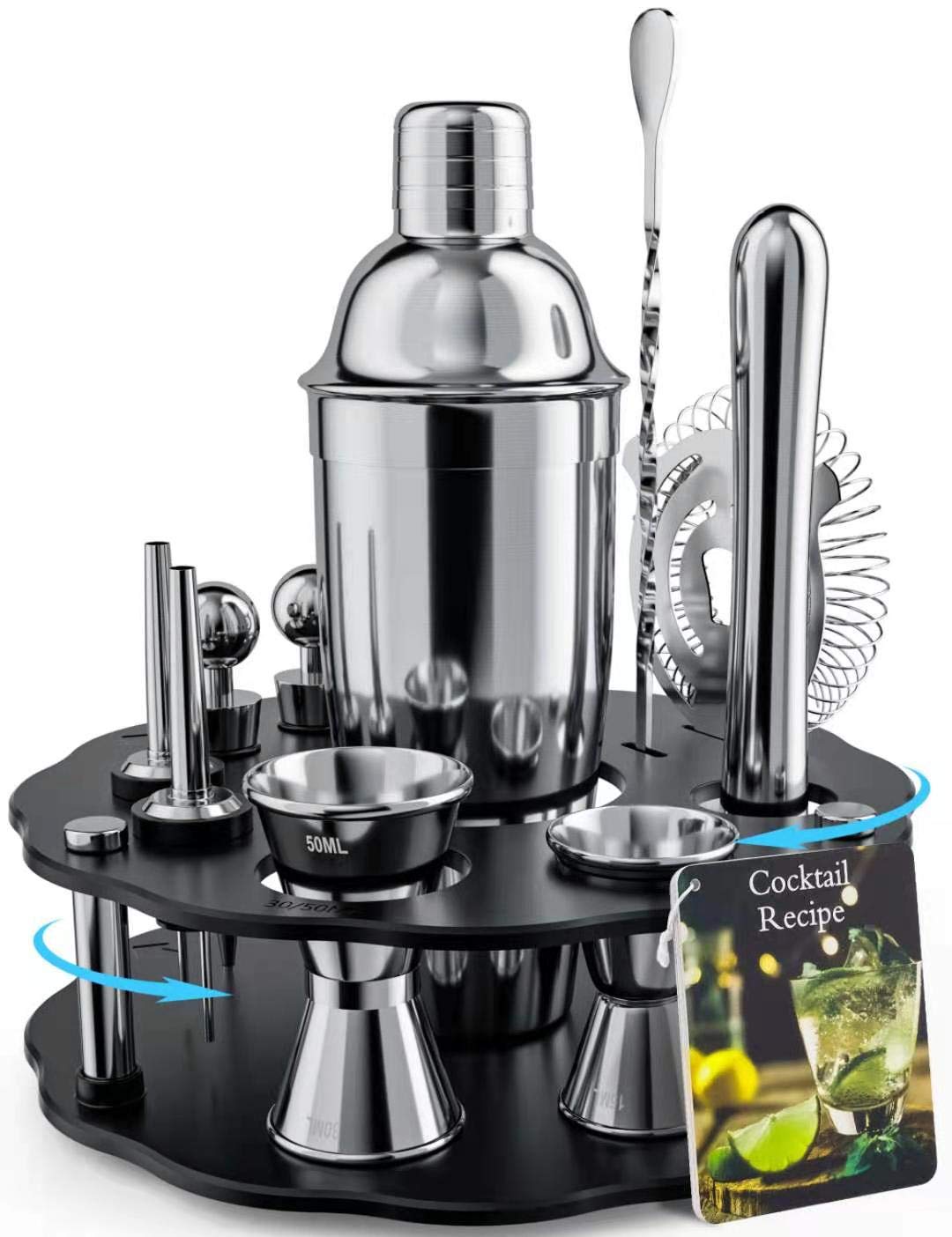 14-Piece Stainless Steel Bartender Kit with Rotating Stand - 25 oz Cocktail Shaker Set, Jigger, Spoon, Pourers, Muddler, Strainer, Tongs, Bottle Stoppers & Opener - Professional Bar Tools for Home Mixology & Cocktail Parties - Perfect for Bartenders, Home Bars & Entertaining Guests
