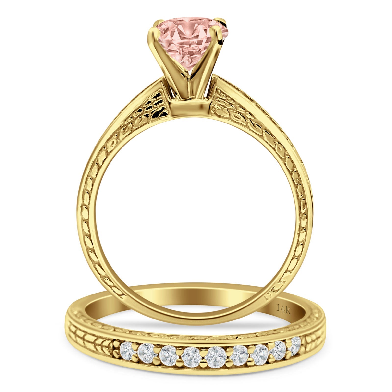 14K Yellow Gold Round Two Piece Morganite and CZ Bridal Wedding Ring Set – Perfect for Engagement, Proposal, Anniversary Gifts