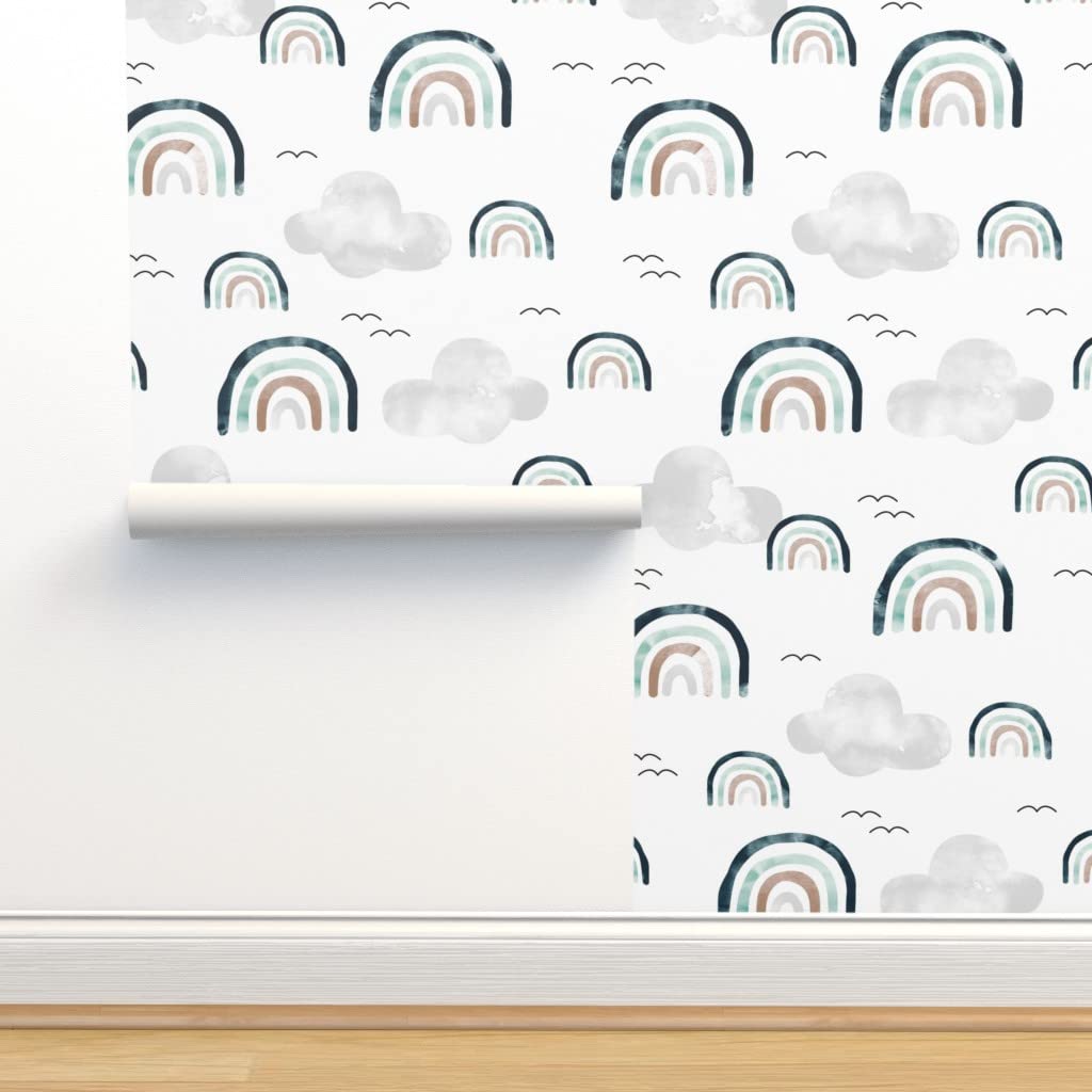 Removable Wallpaper 12ft x 2ft - Watercolor Rainbows & Clouds Boho Nursery Decor | Gender Neutral Pre-Pasted Wallpaper for Kids Room, Bedroom, Playroom | Easy Peel & Stick DIY Wall Covering by Spoonflower