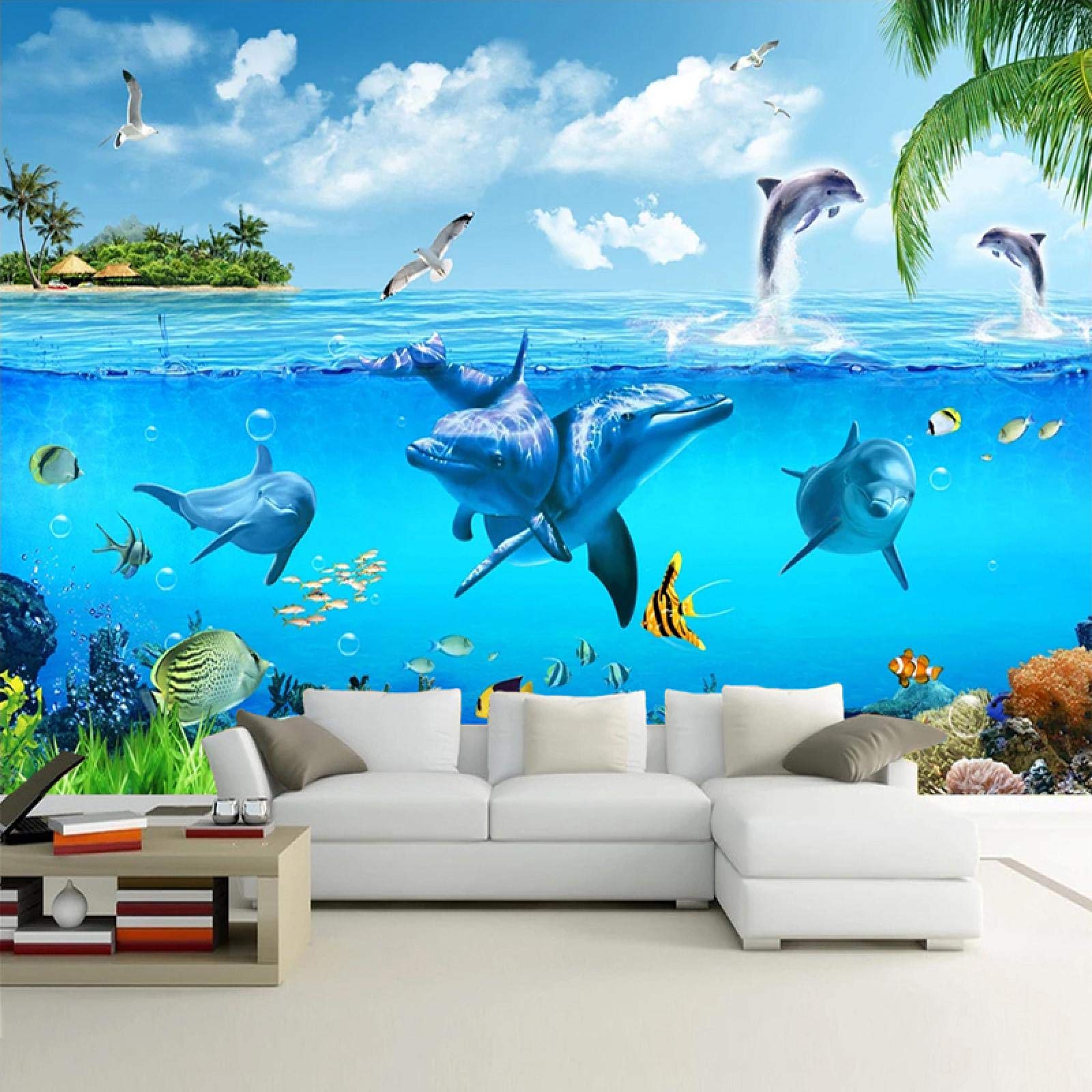 3D Removable Wallpaper - Blue Ocean Dolphins Underwater World Peel and Stick Wall Mural | Self-Adhesive Modern Wall Art for Living Room, Bedroom, Office & Nursery | Easy Home Decor Upgrade for Coastal, Beach or Nautical Themes