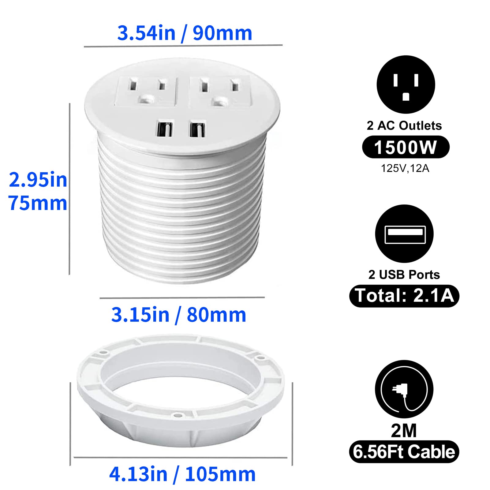Recessed Desk Power Grommet with 4 USB Ports & 3 AC Outlets - White | Under Cabinet Power Strip for Home Office, Conference Table, Kitchen Counter & Sofa Side Table