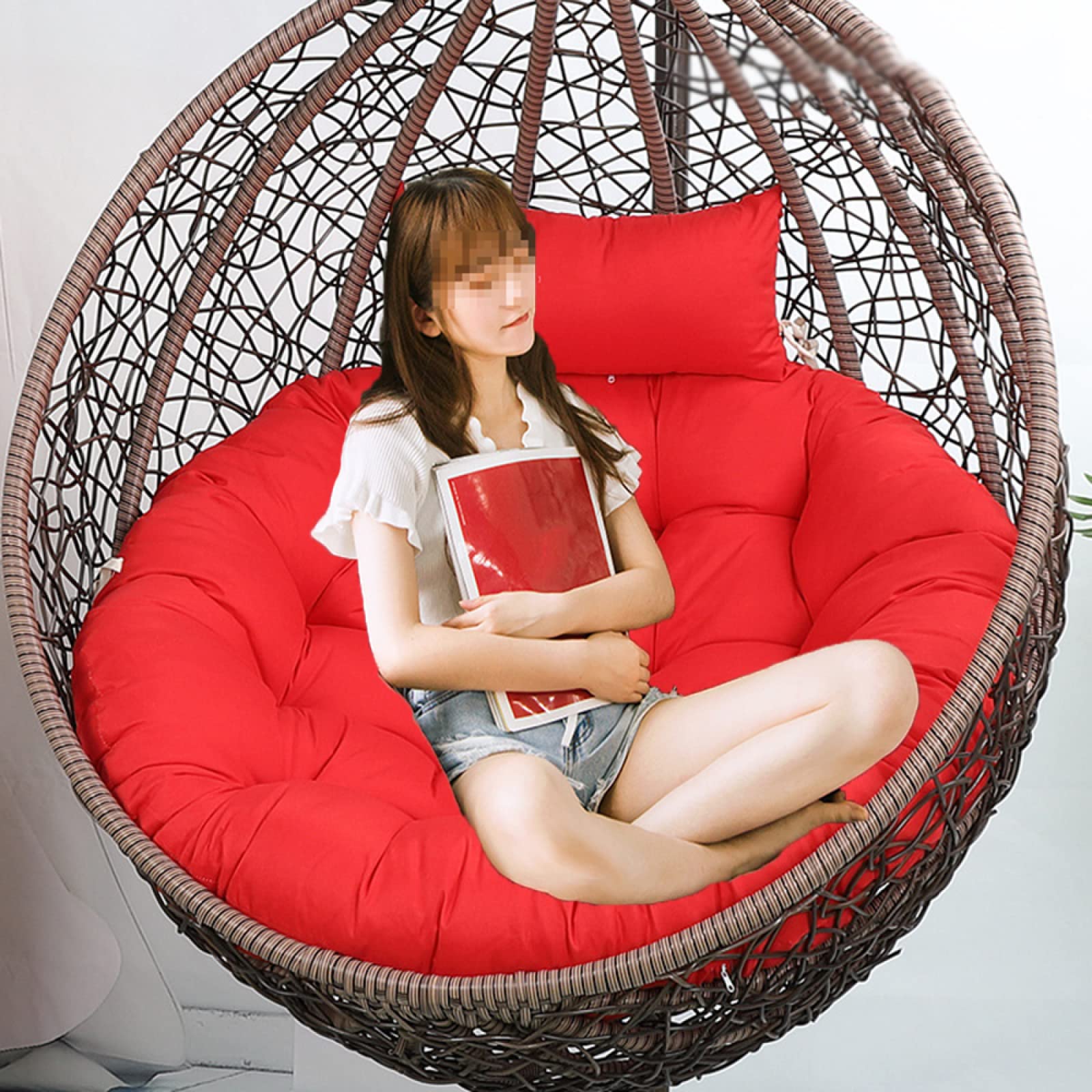 Washable Round Hanging Egg Chair Cushion Replacement - Thick Large Indoor/Outdoor Rattan Chair Pad with Adjustable Pillow (Red, 120cm/47in) - Perfect for Patio, Garden, Balcony & Lounge Decor