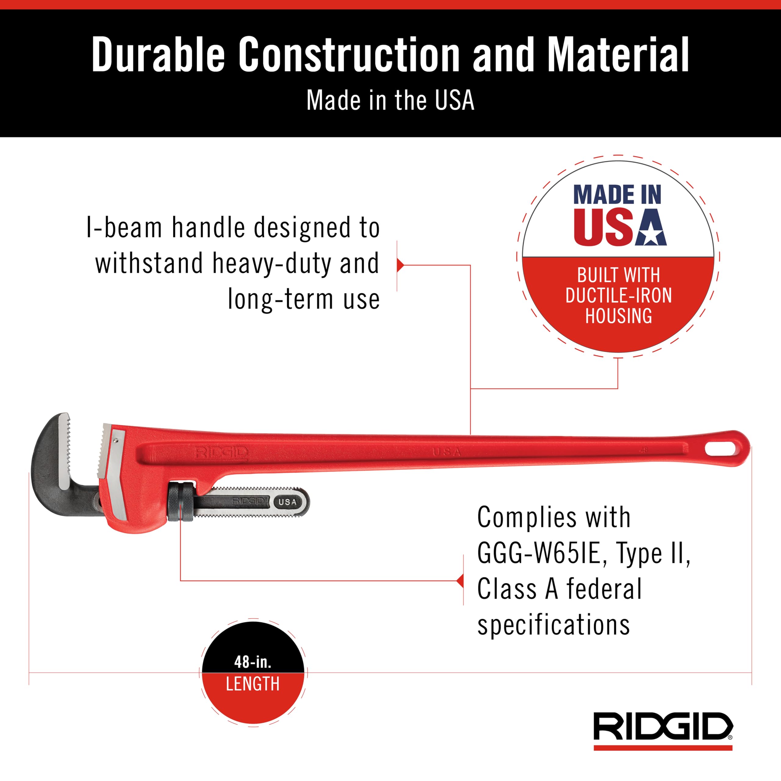 RIDGID 31040 Model 48 Heavy-Duty Straight Pipe Wrench - 48-Inch Professional Plumbing Tool for Industrial Pipe Repair, Construction & Plumbing Projects