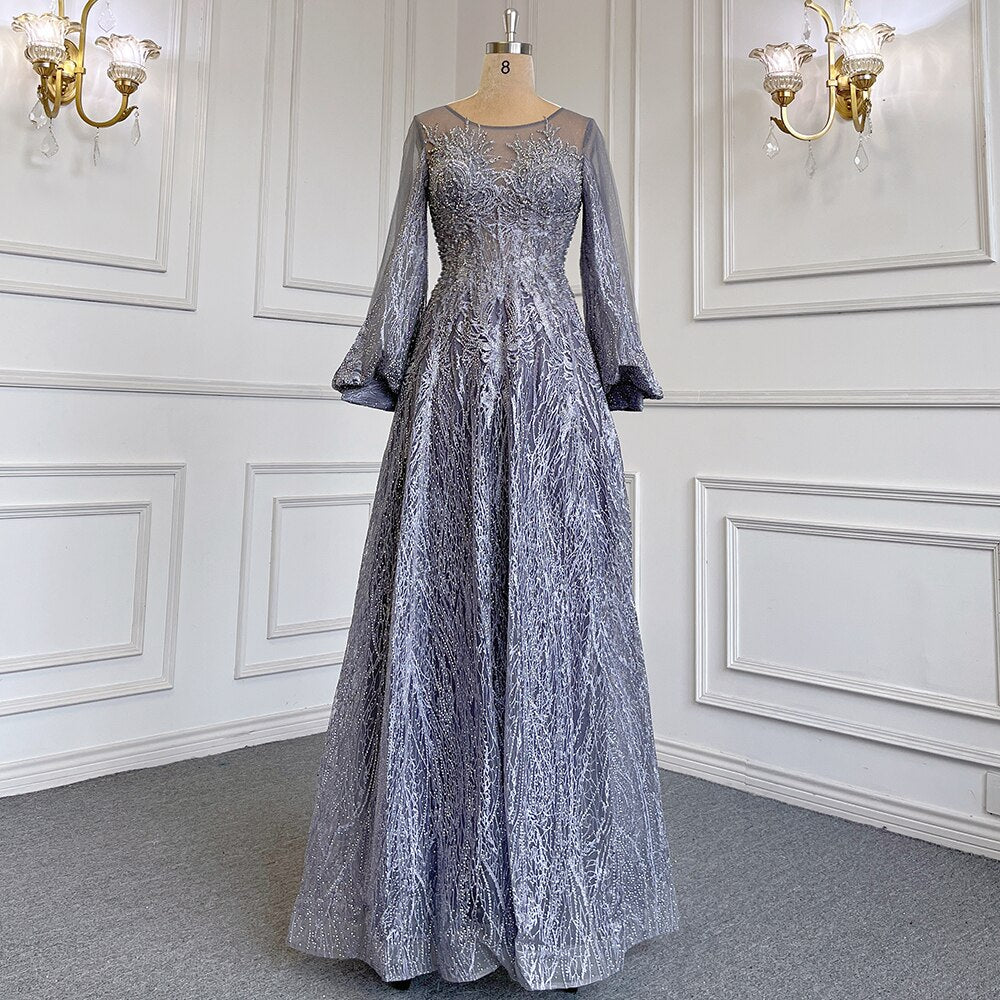 Luxury Blue Muslim A-Line Evening Dress with Crystal Beads for Women - Elegant O-Neck Gown for Wedding, Party & Special Occasions | Serene Hill Collection LA71700