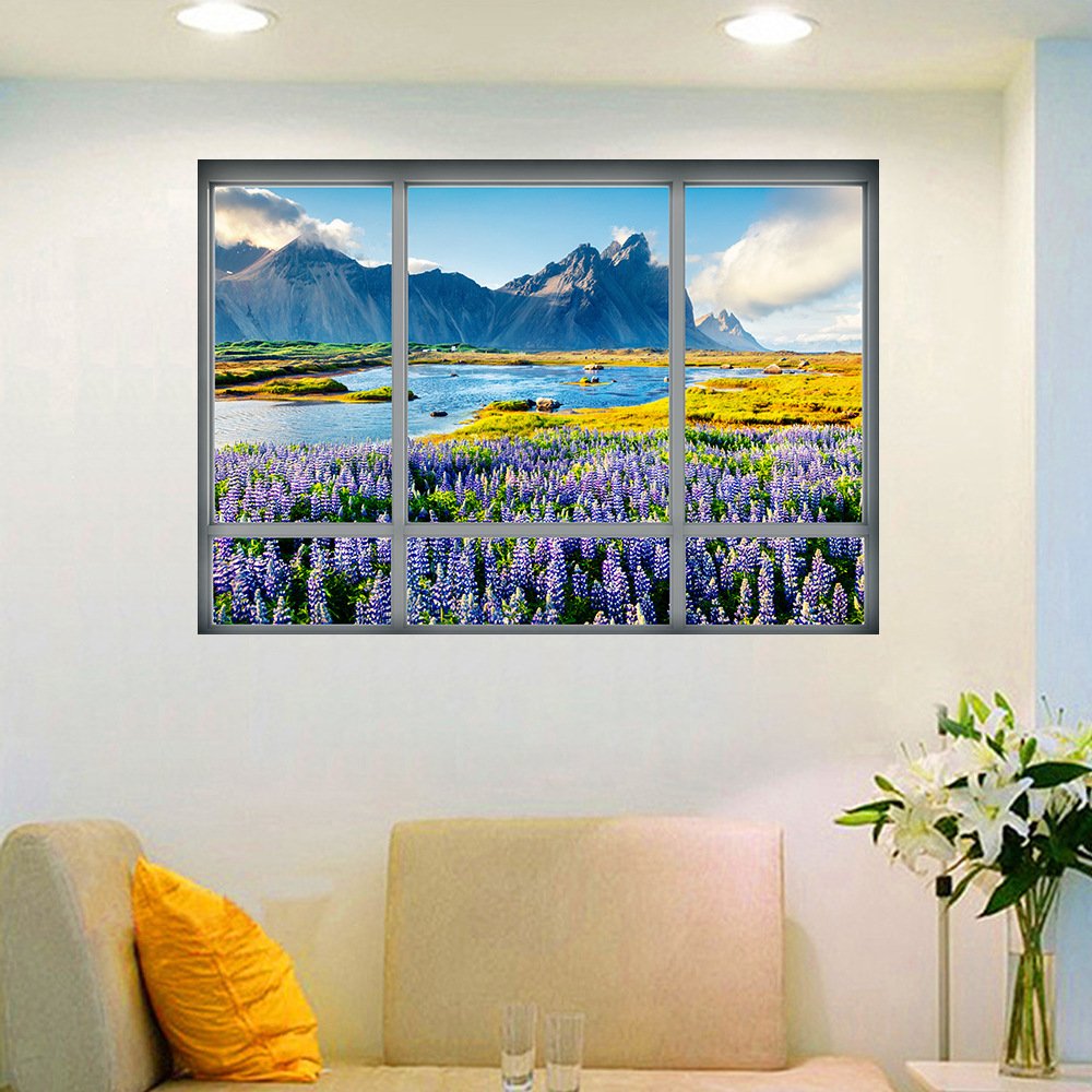 DNVEN 28x20 Inch 3D Fake Window Decal - Lavender Fields Mountain View HD Vinyl Wall Sticker for Bedroom, Living Room & Playroom | Home Decor, Office & Nursery Wall Art