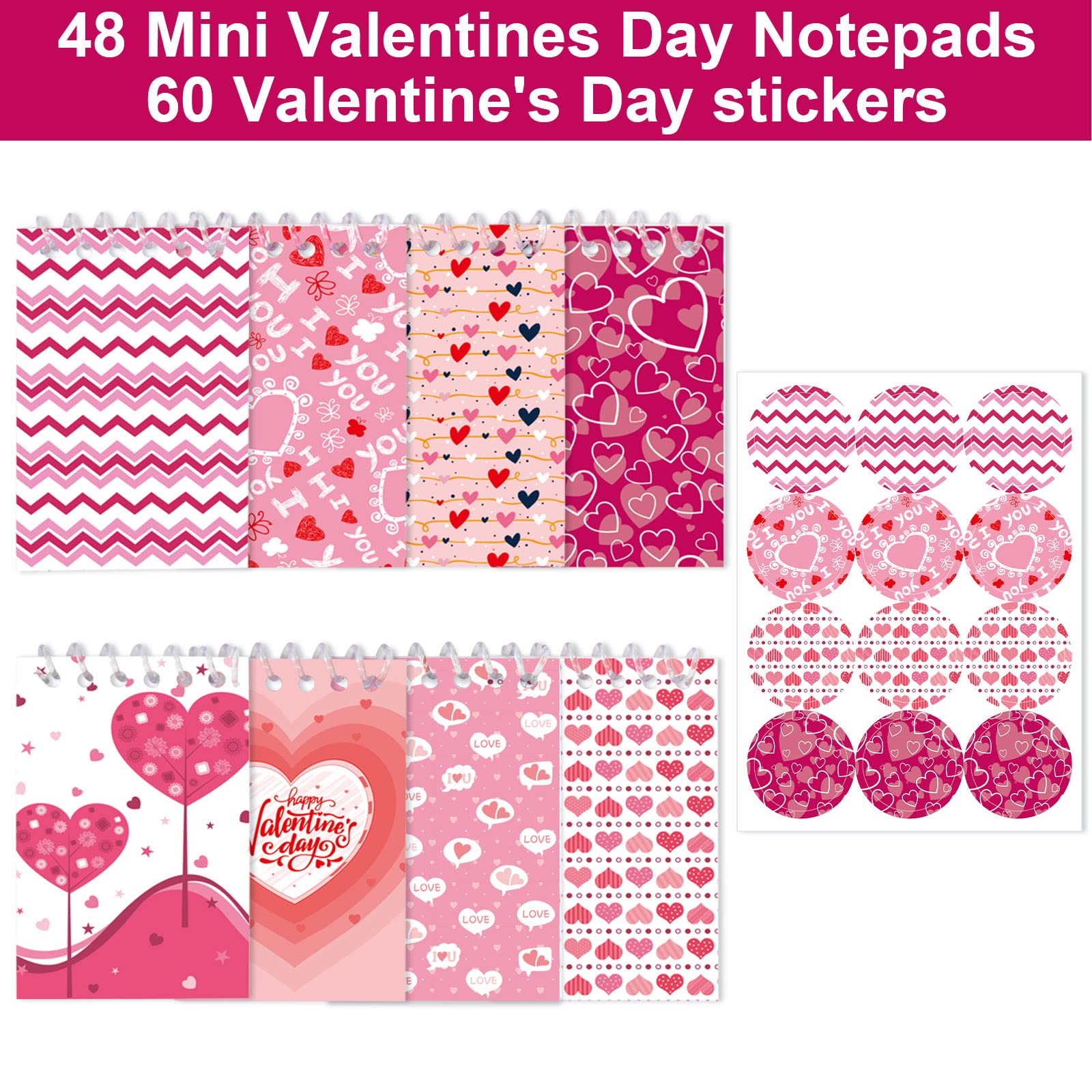 48 Mini Valentine's Day Spiral Notepads with Stickers - Cute Small Notebooks for Kids, Classroom Gift Exchange & Party Favors - Perfect for School Notes, Valentine's Day Gifts & Teacher Appreciation
