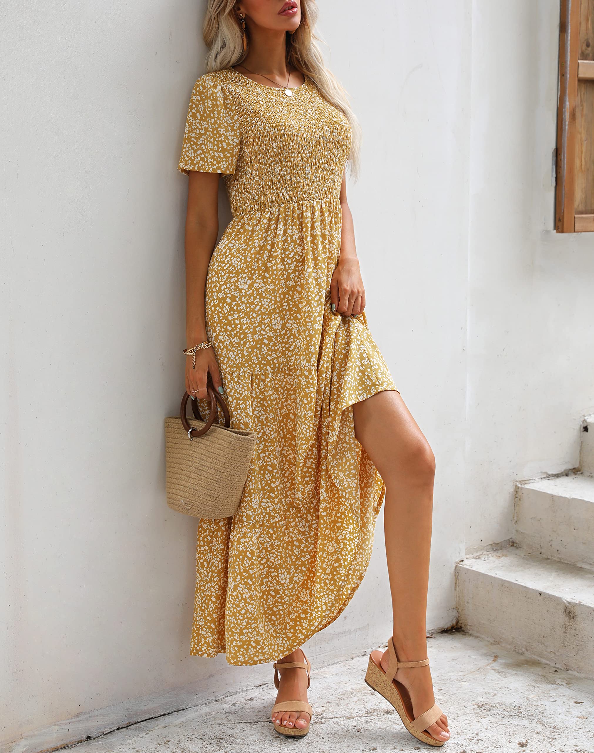 Maggeer Women's 2025 Spring Summer Smocked Wedding Guest Maxi Dress - Casual Short Sleeve Floral Boho Flowy Long Dress for Beach Parties, Garden Weddings & Summer Vacations