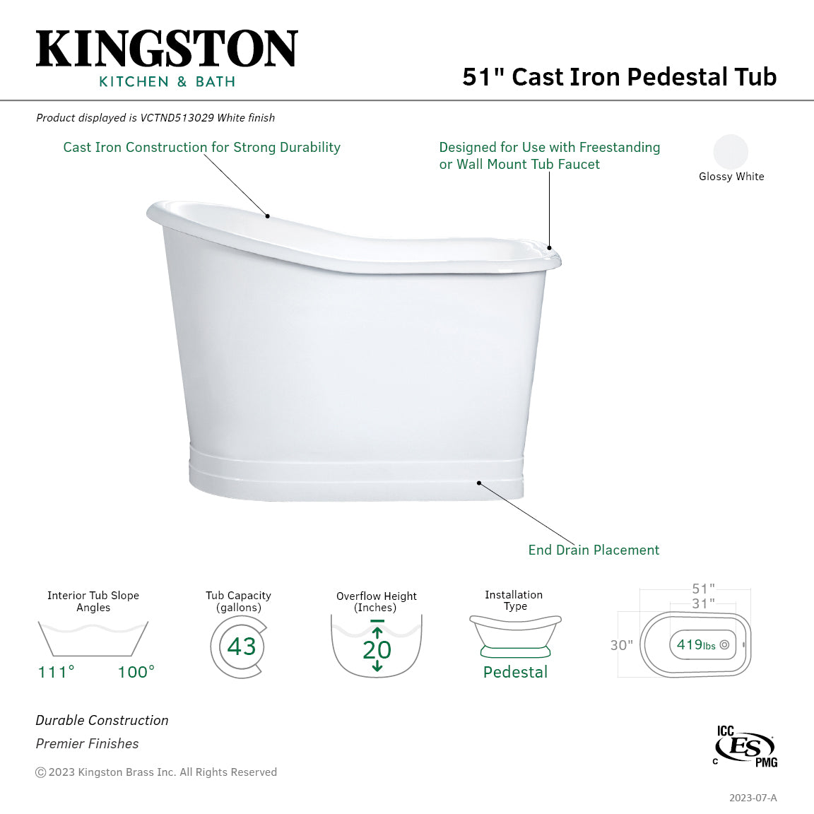 Aqua Eden 51 Inch Freestanding Cast Iron D-Shaped Bathtub - White Clawfoot Slipper Tub for Luxurious Bathing Experience | Perfect for Master Bathroom, Spa Retreat & Relaxation