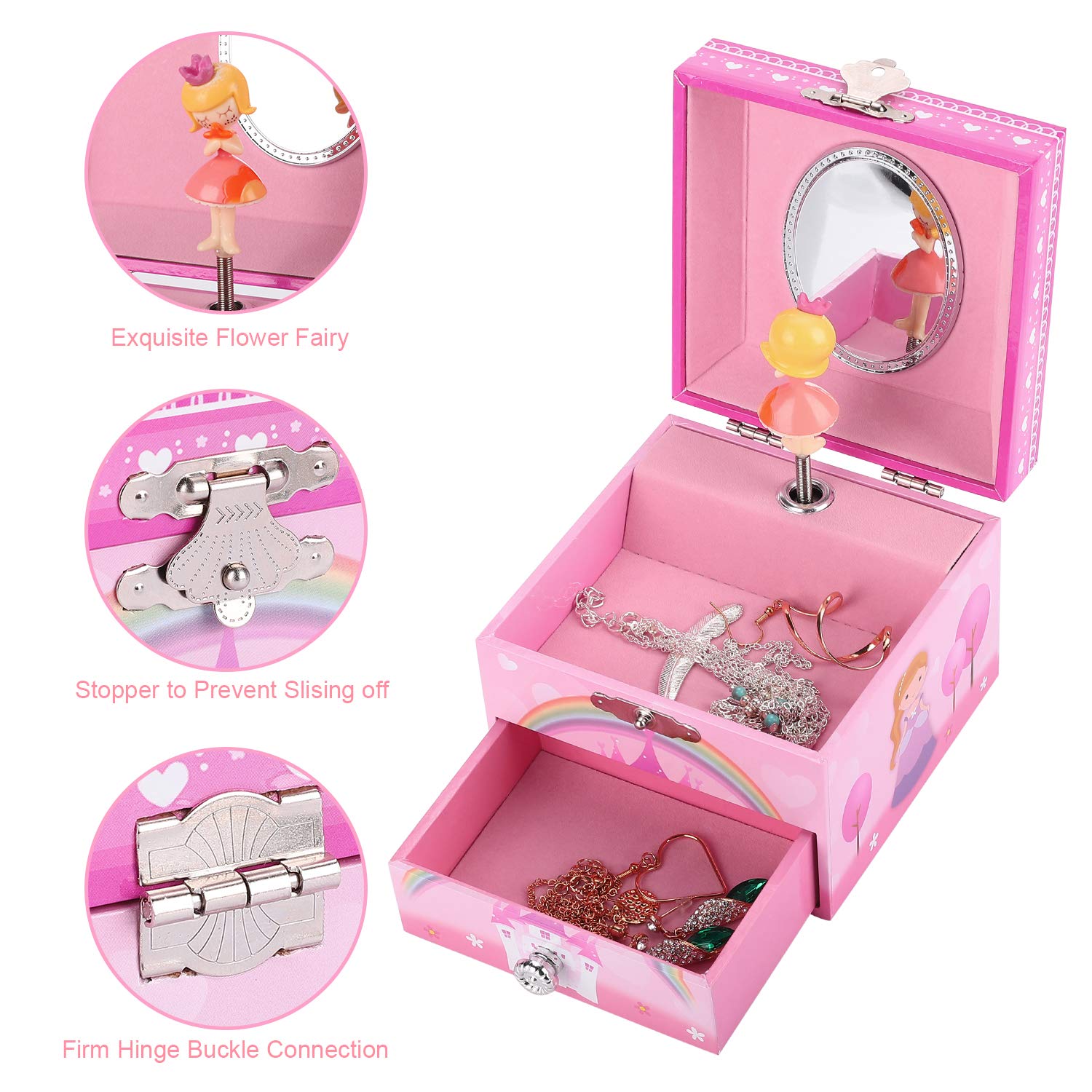 TAOPU Sweet Square Musical Jewelry Box with Pullout Drawer & Spinning Princess - Jewelry Storage Case for Girls, Perfect for Birthday Gifts, Room Decor & Keepsake Organization (Pink) - Play Melodies While Storing Rings, Necklaces & Treasures