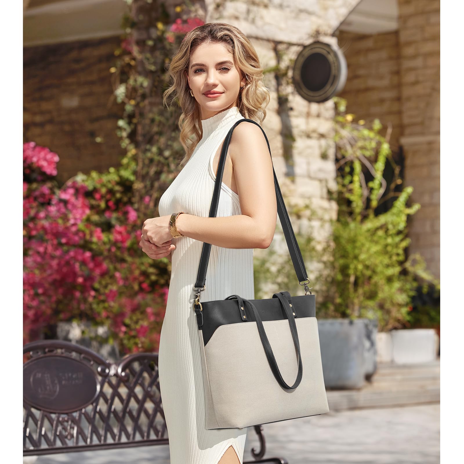 S-ZONE Women's Large Leather Canvas Tote Bag - Crossbody Shoulder Purse with Outside Pockets for Work, Travel & Daily Use